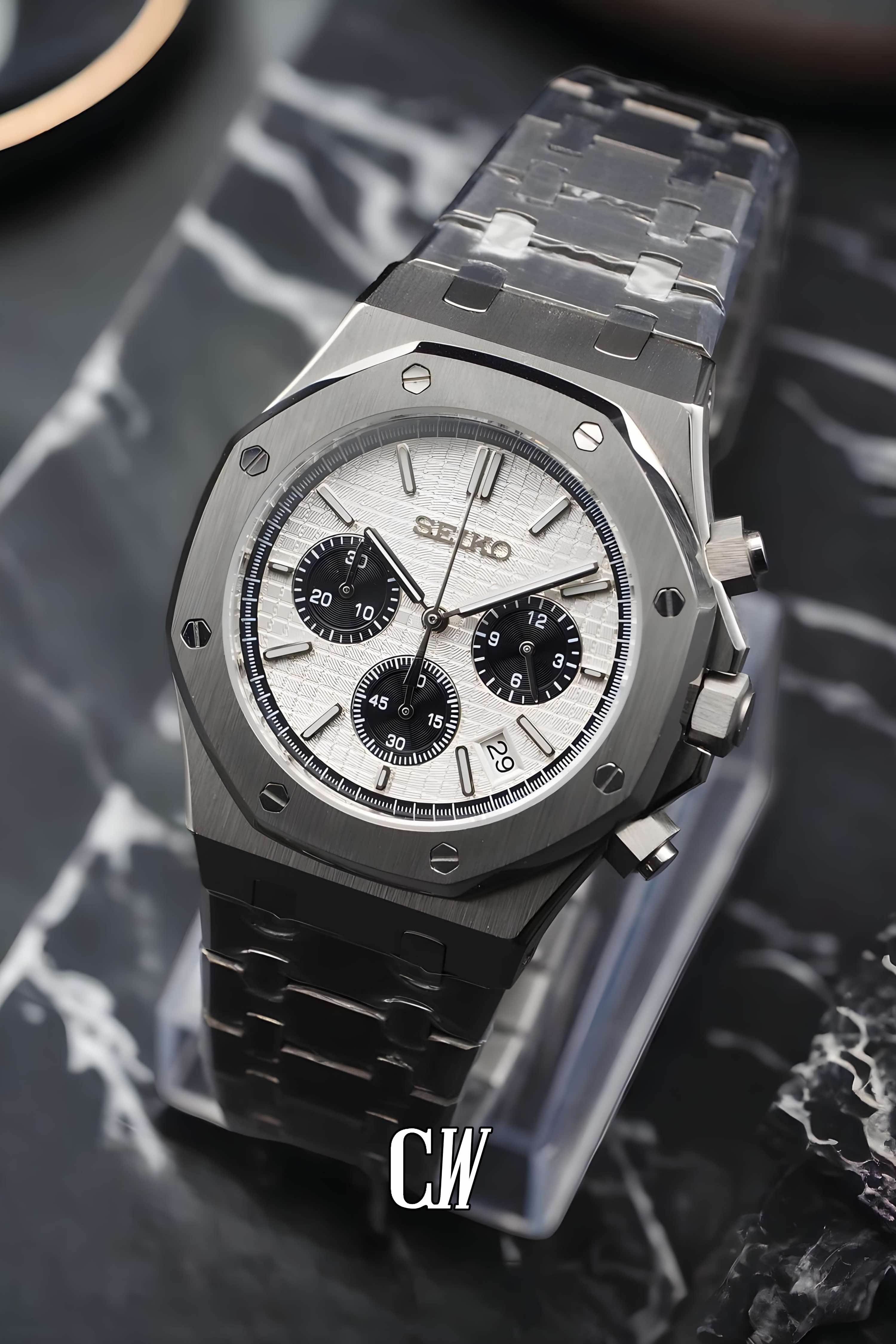 Mod Royal Seikoak chronograph white watch - Circa Watch Labs