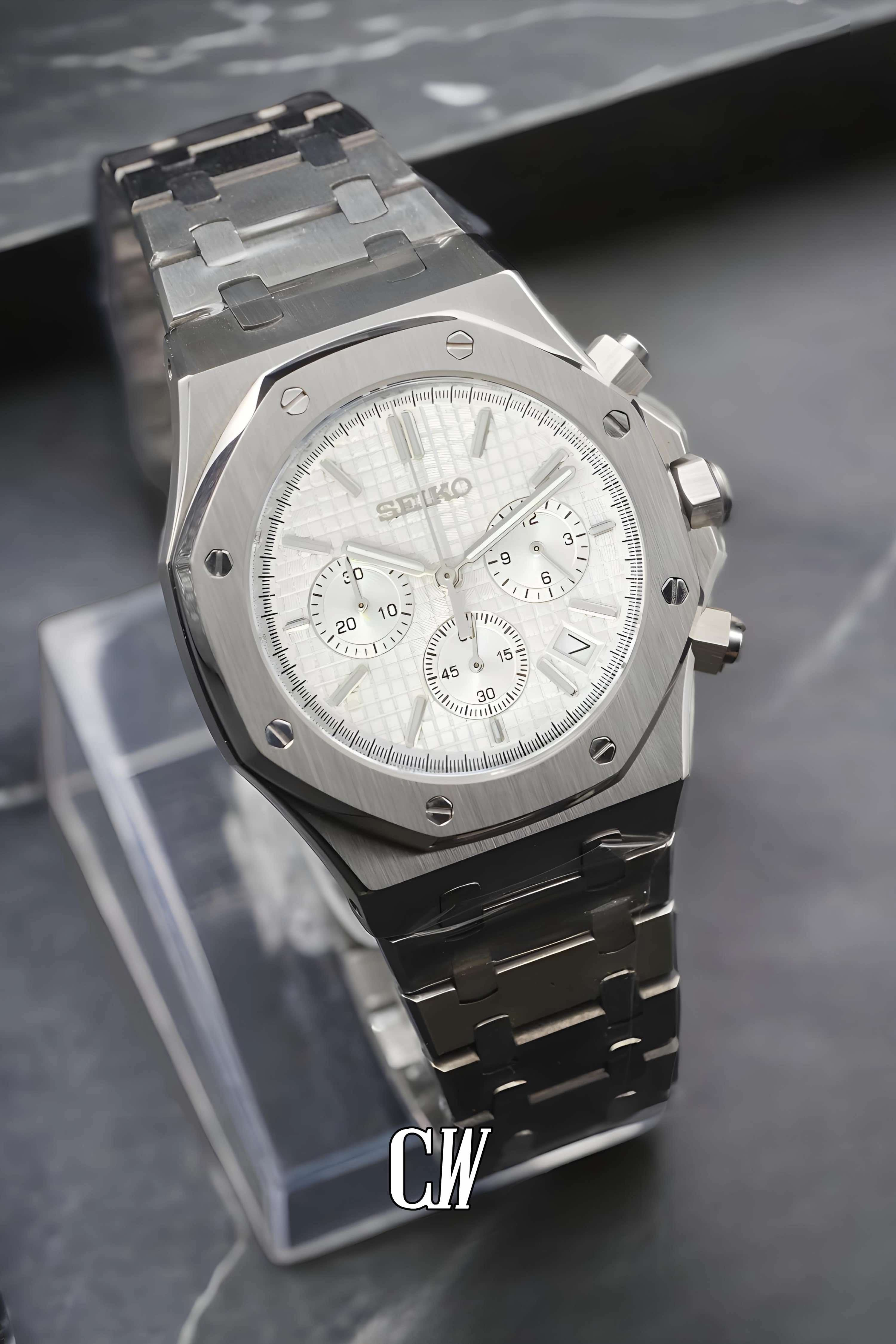 Mod Royal Seikoak chronograph triple white watch - Circa Watch Labs