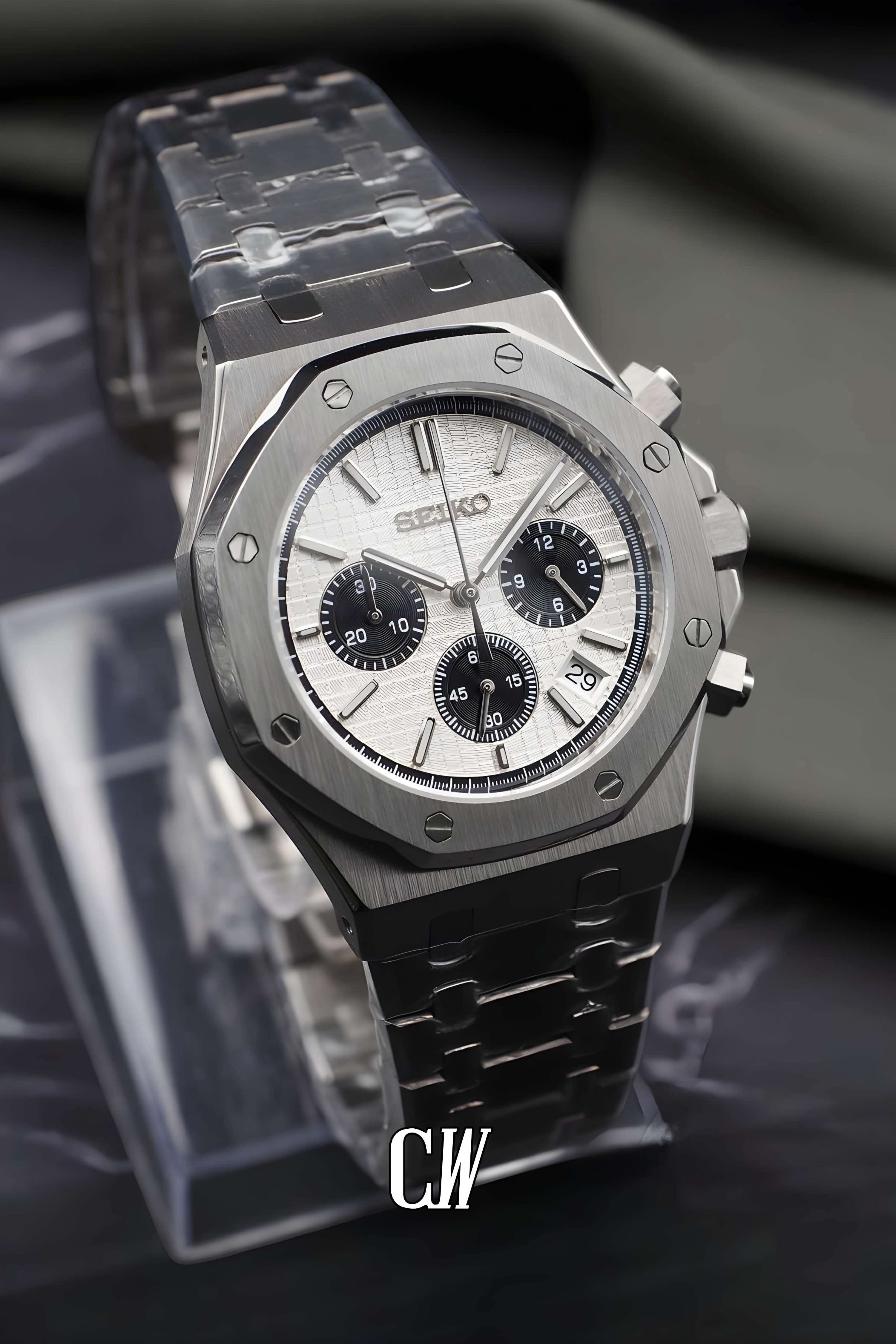 Mod Royal Seikoak chronograph white watch - Circa Watch Labs