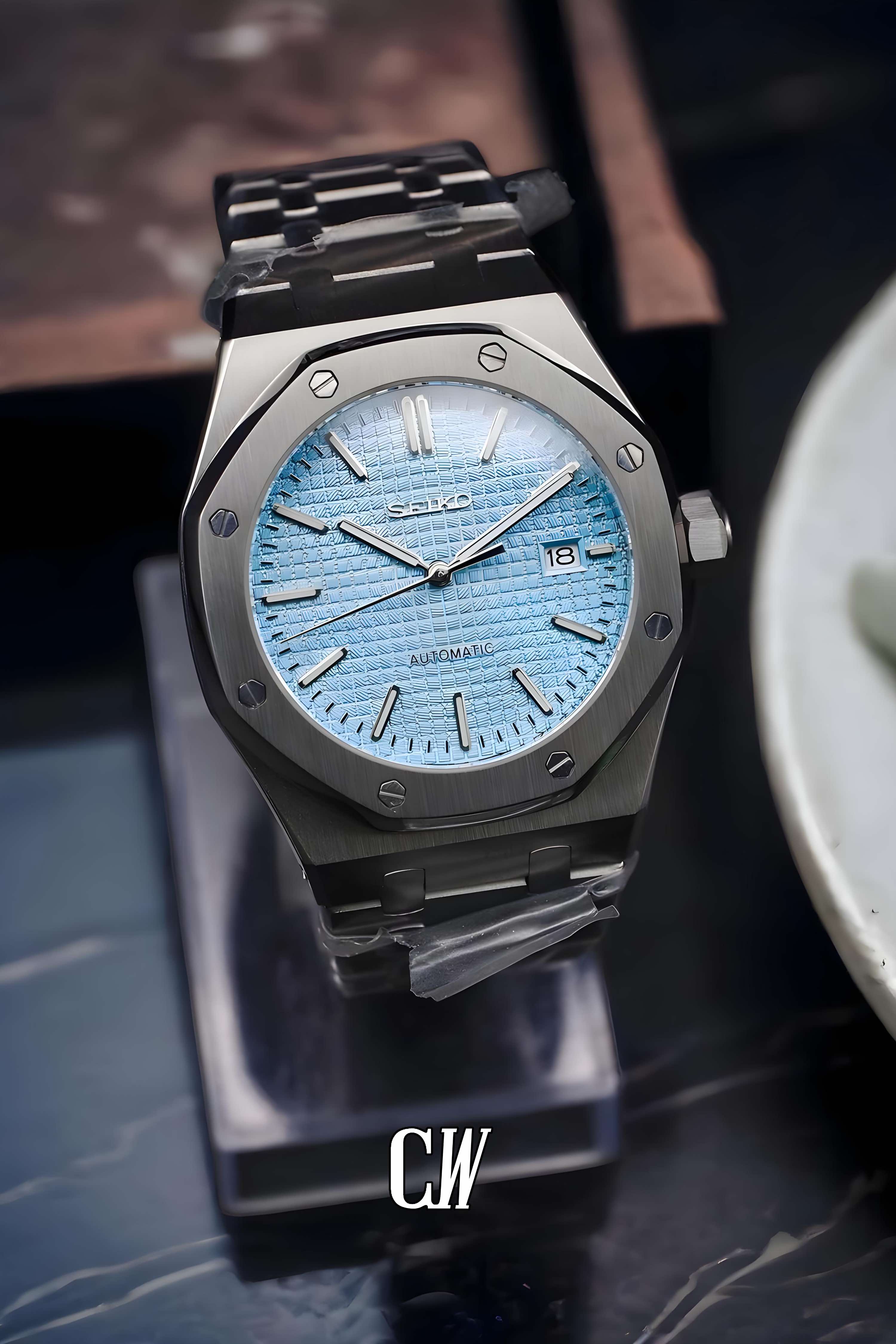 Mod Royal Seikoak automatic watch 'ice blue' - Circa Watch Labs