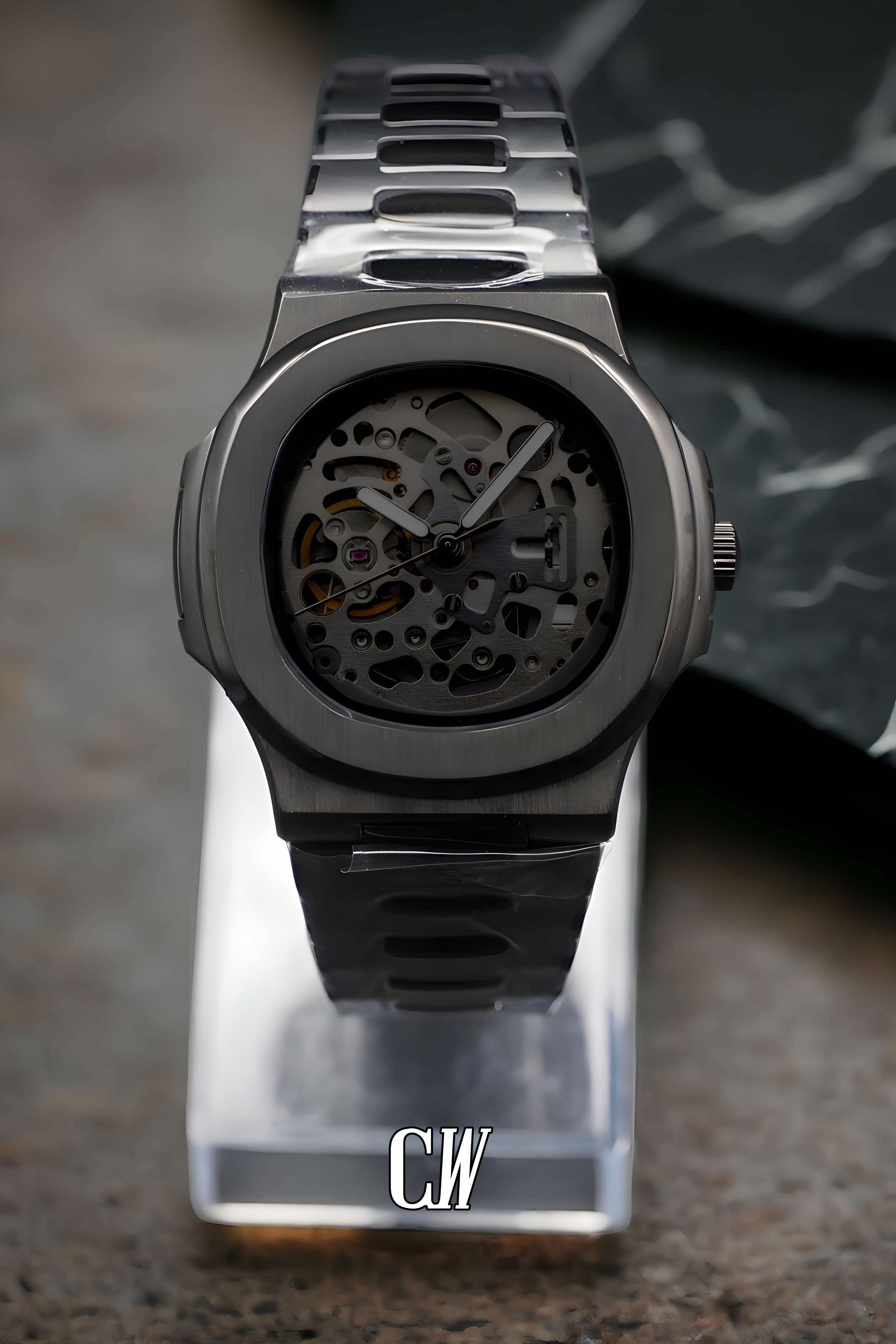 Seikonautilus mod skeleton watch triple black - Circa Watch Labs