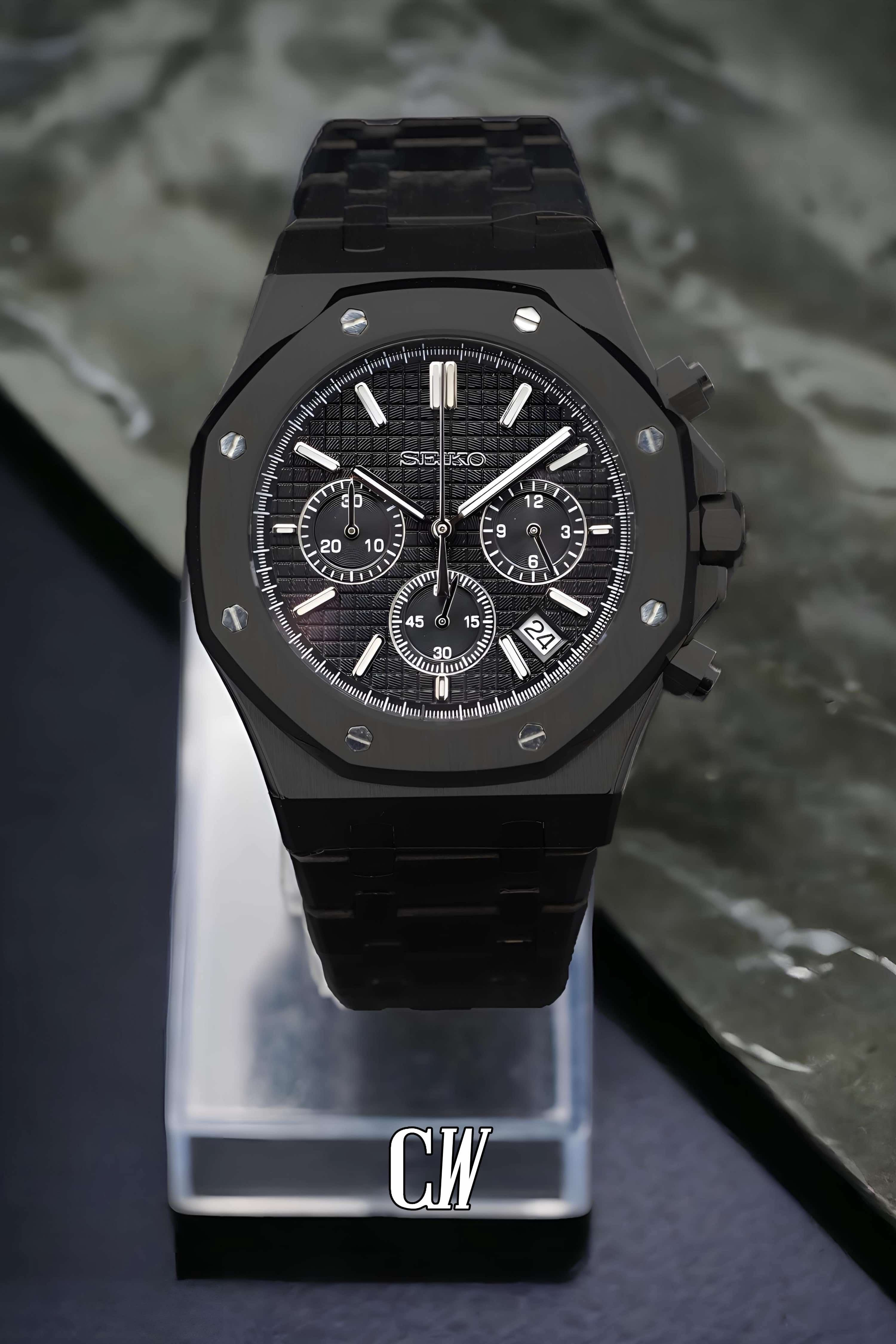 Mod Royal Seikoak chronograph triple black watch - Circa Watch Labs