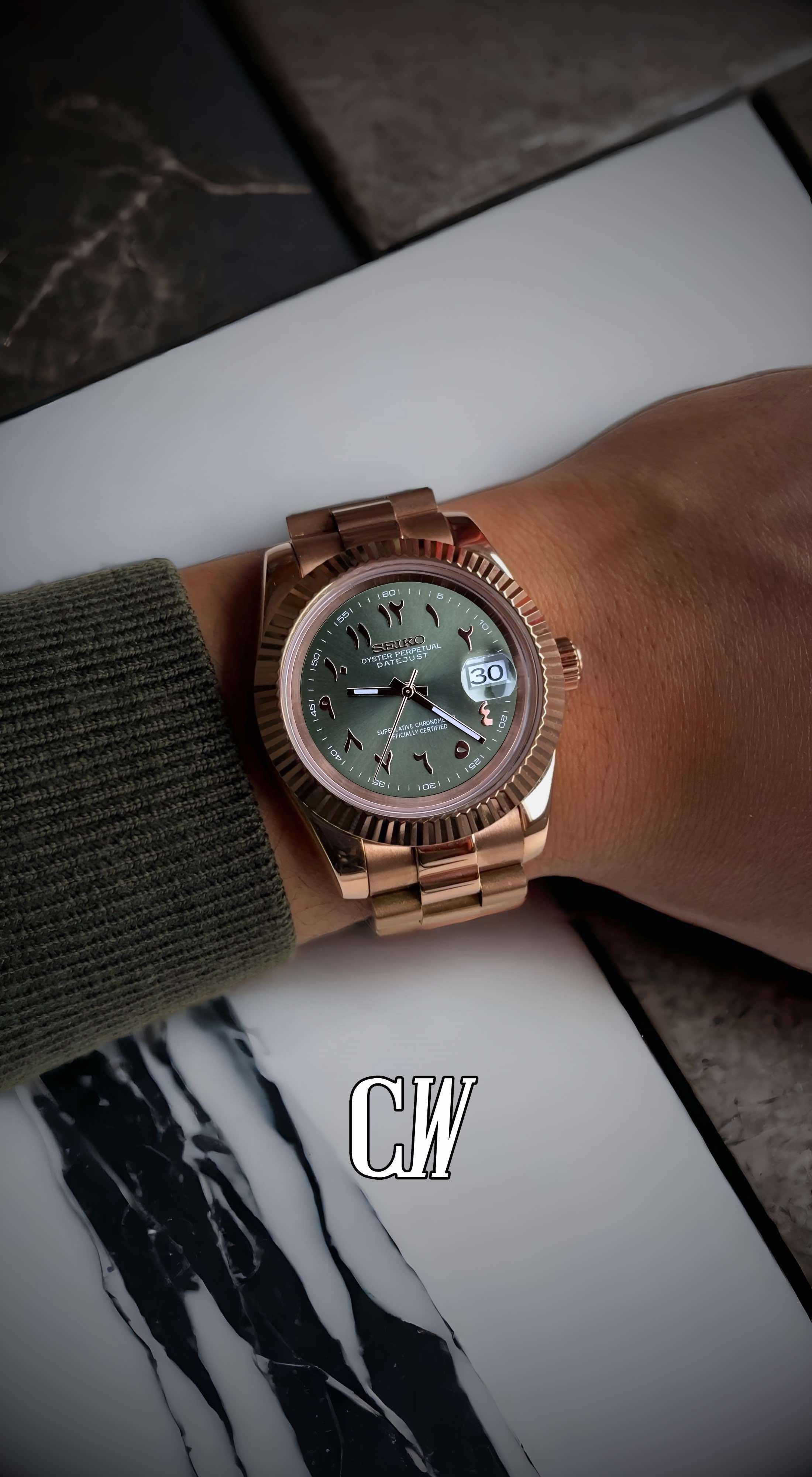 Seikojust mod watch rose gold 'arabic olive green'