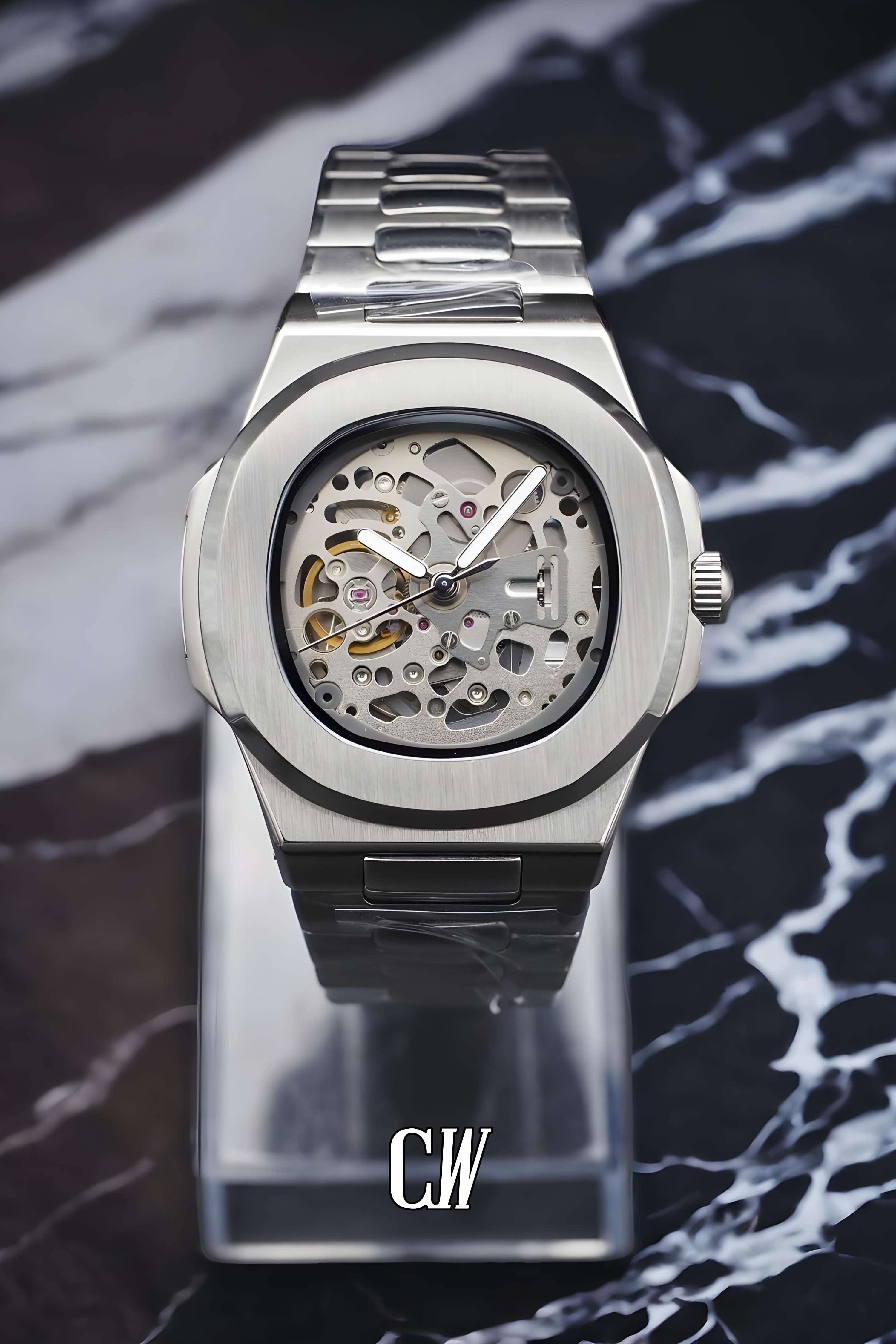 Seikonautilus mod skeleton watch silver