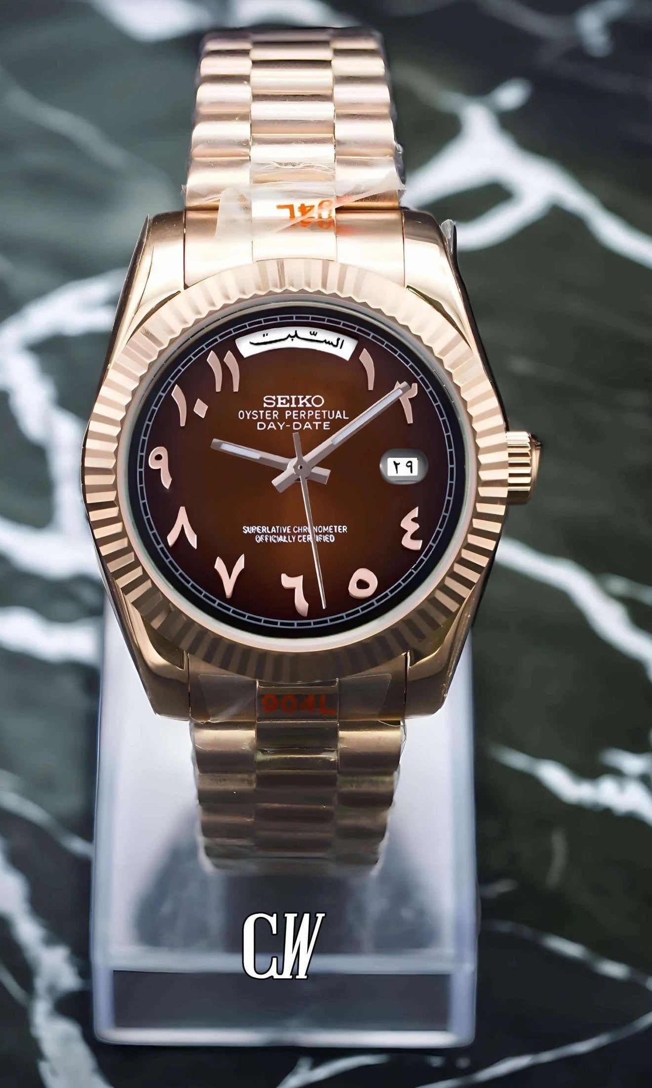 Daydate mod chocolate rose gold arabic dial automatic watch