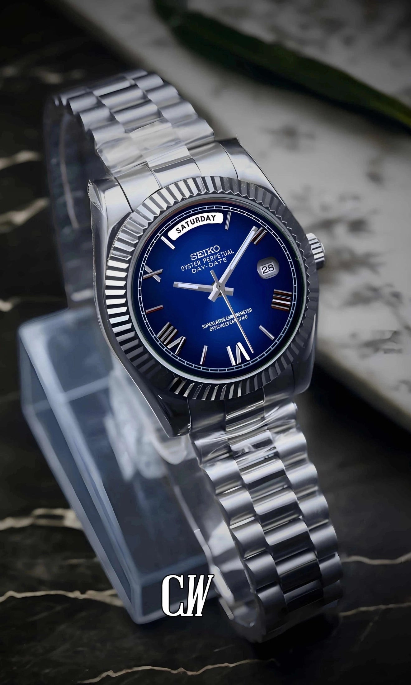 Daydate mod dark blue roman numeral automatic watch-Circa Watch Labs