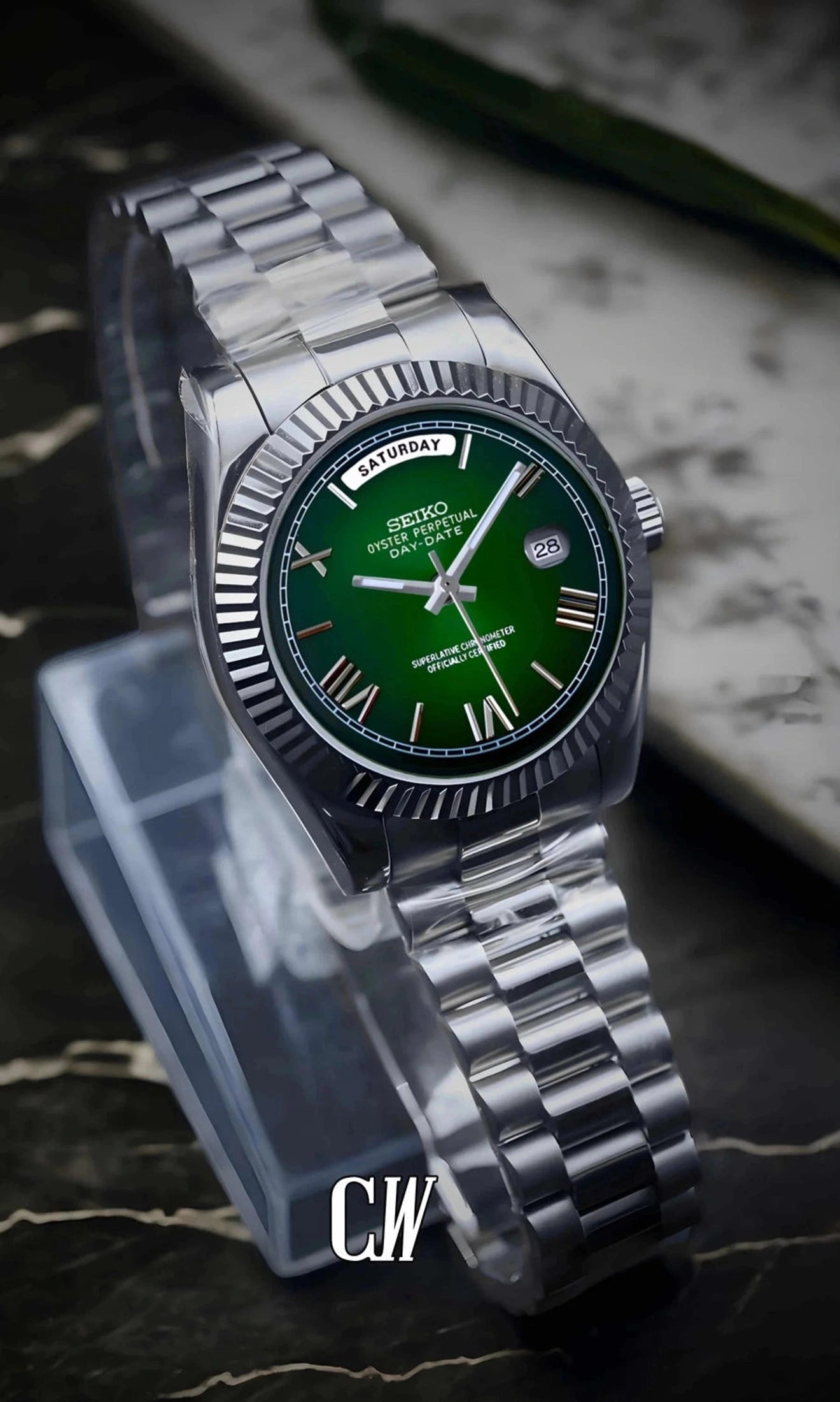 Daydate mod dark green roman numeral automatic watch-Circa Watch Labs