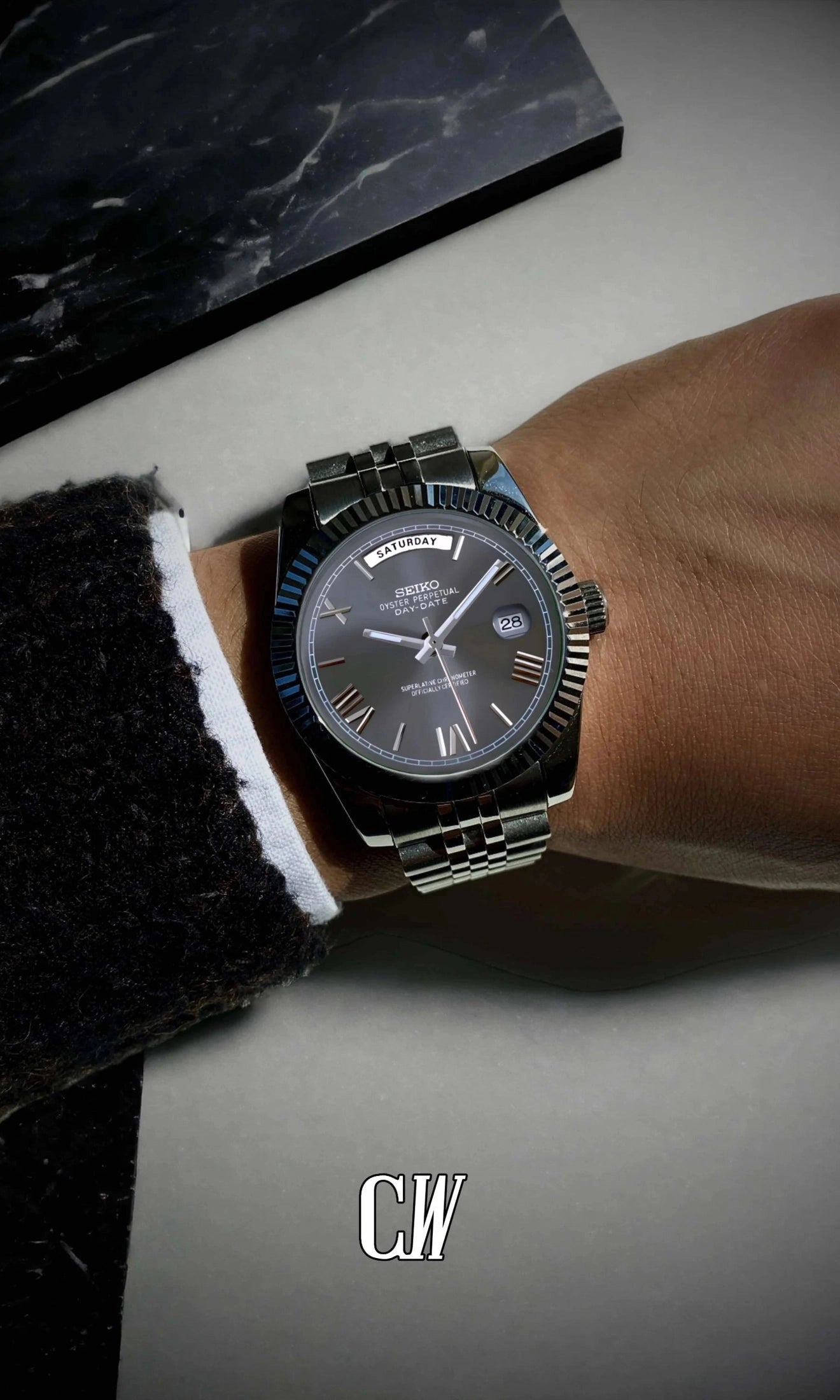 Daydate mod grey roman numeral automatic watch-Circa Watch Labs