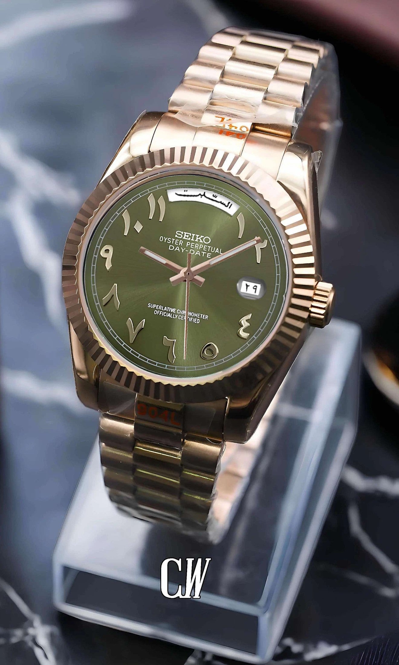Daydate mod olive green rose gold arabic automatic watch