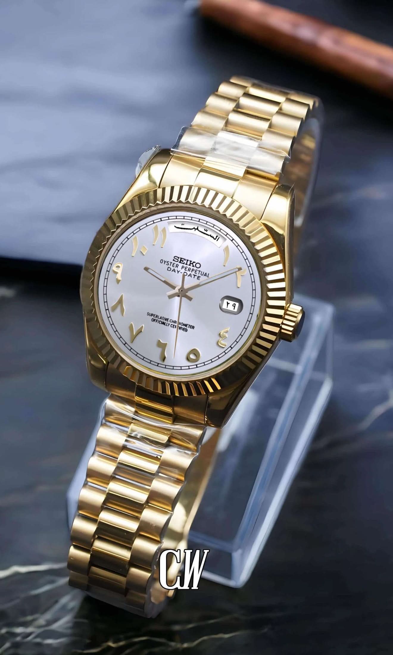 SeikoJust Daydate mod white gold arabic automatic watch