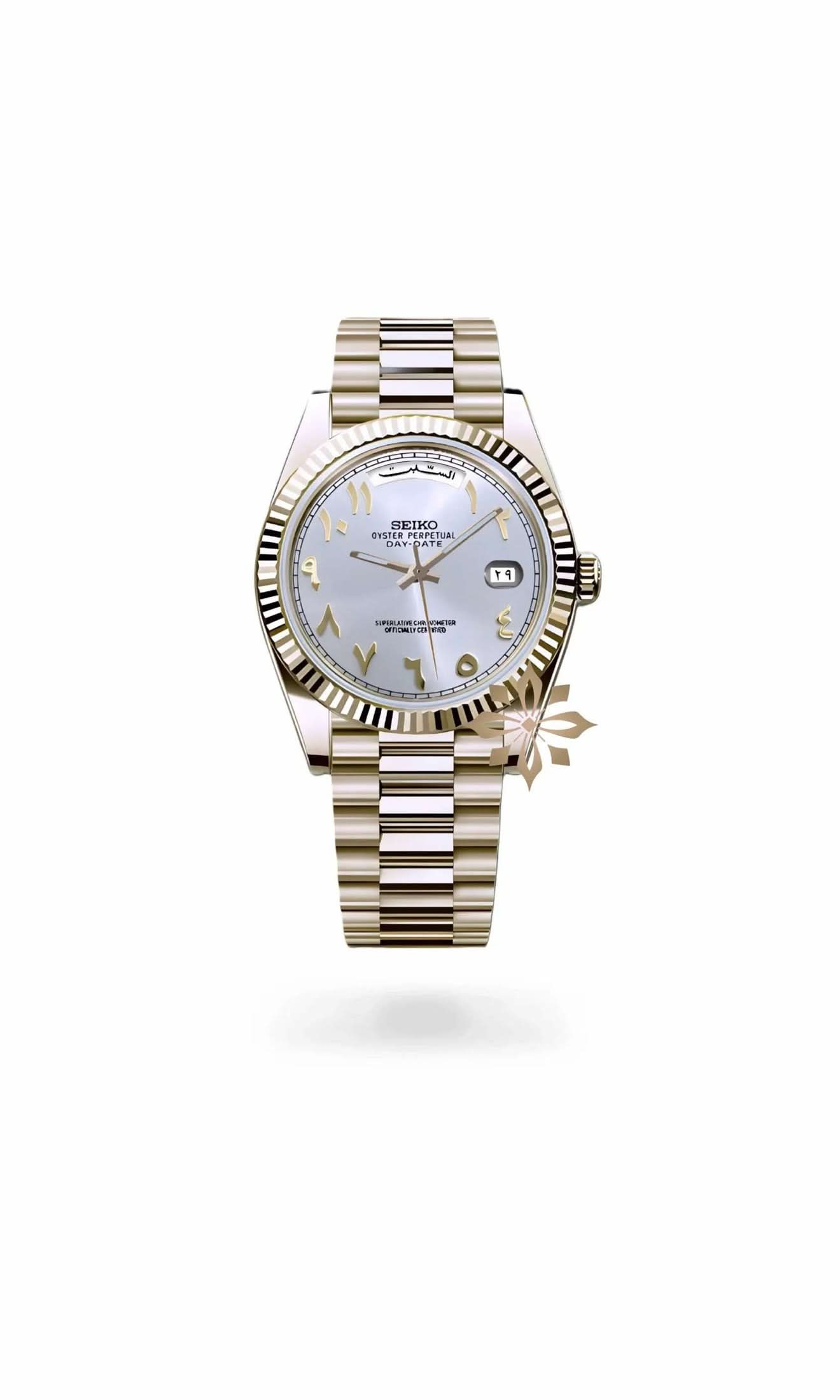 SeikoJust Daydate mod white gold arabic automatic watch