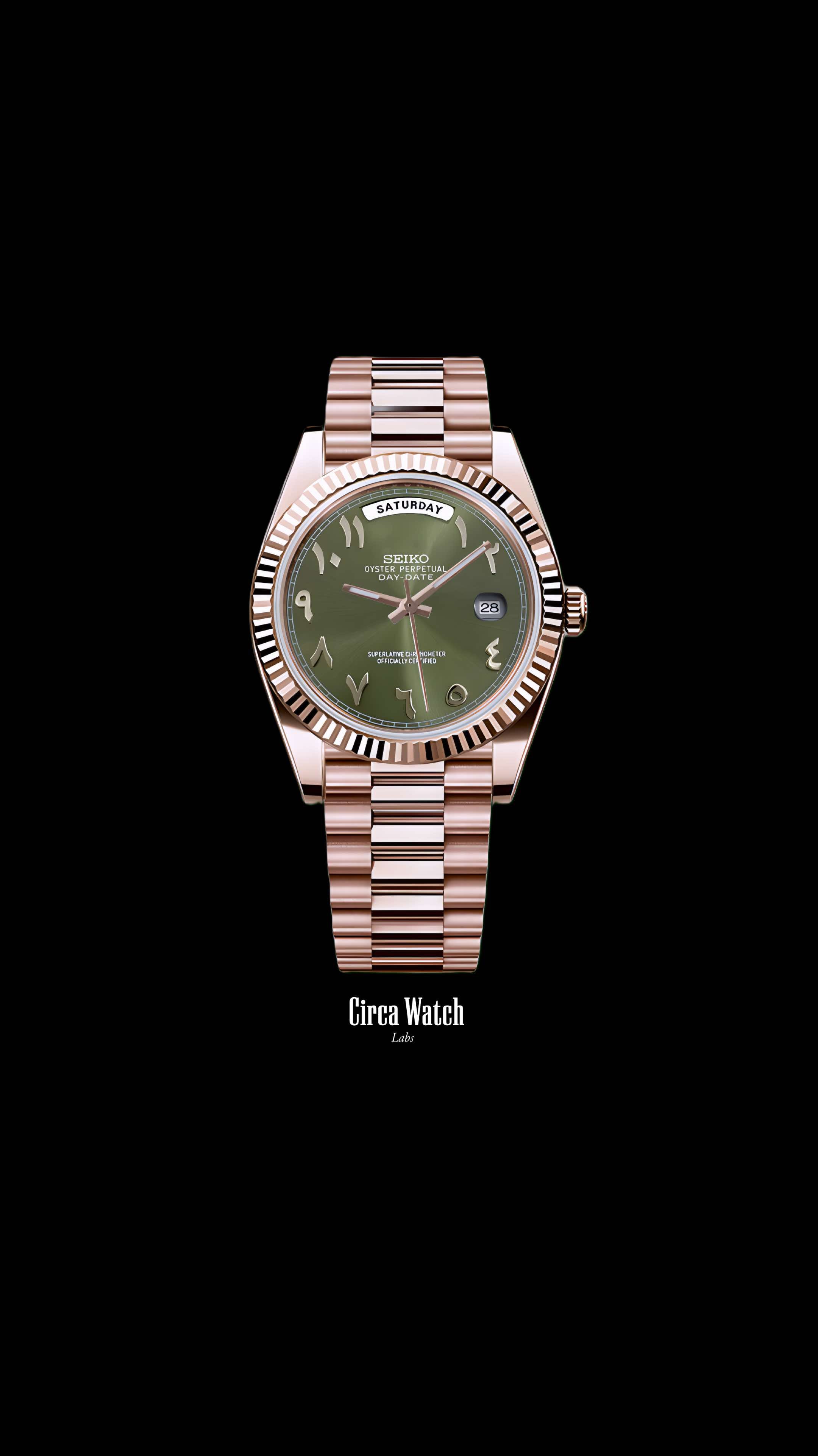 Seikojust mod daydate olive green rose gold arabic automatic watch