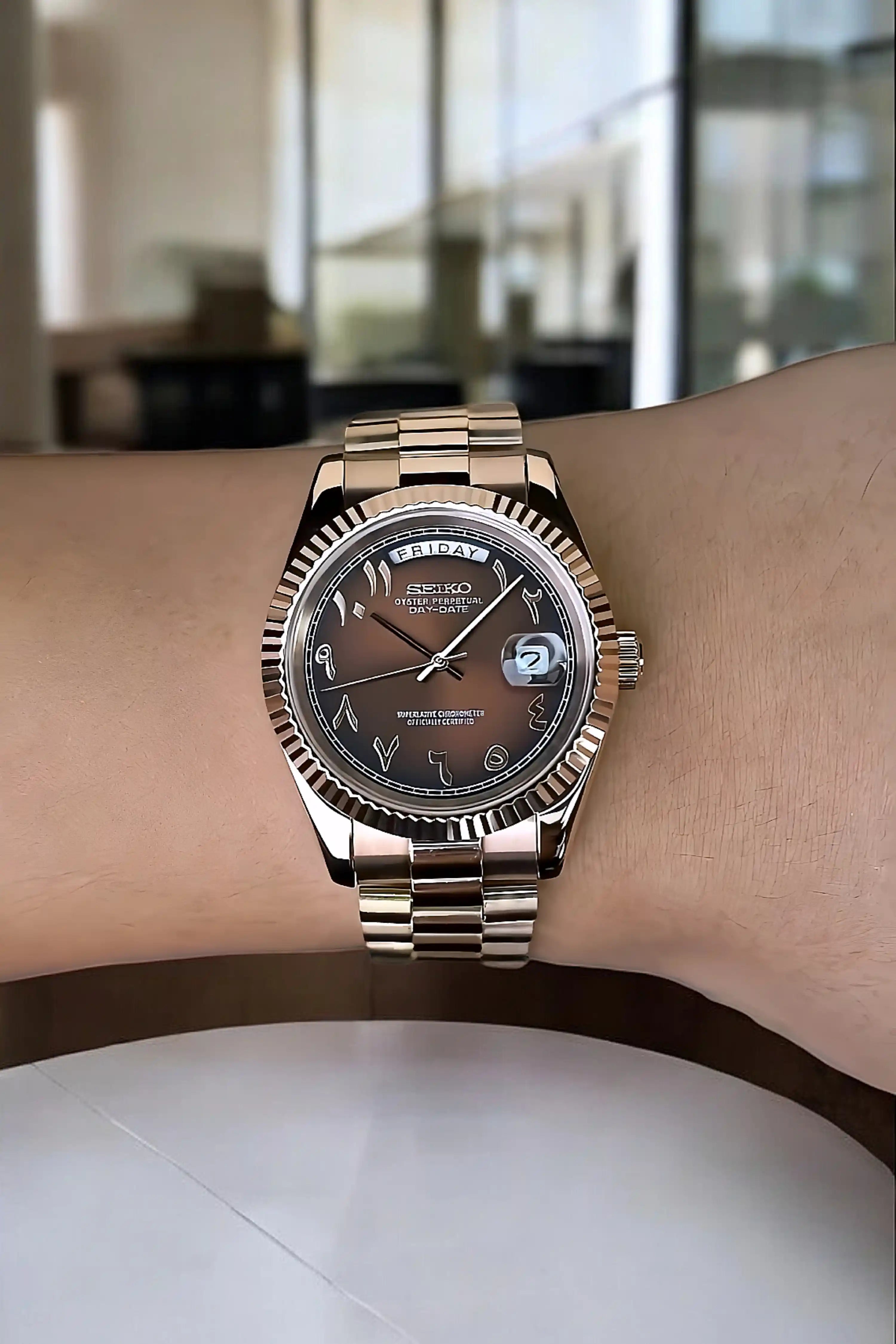 Seikojust mod daydate chocolate rose gold arabic dial automatic watch