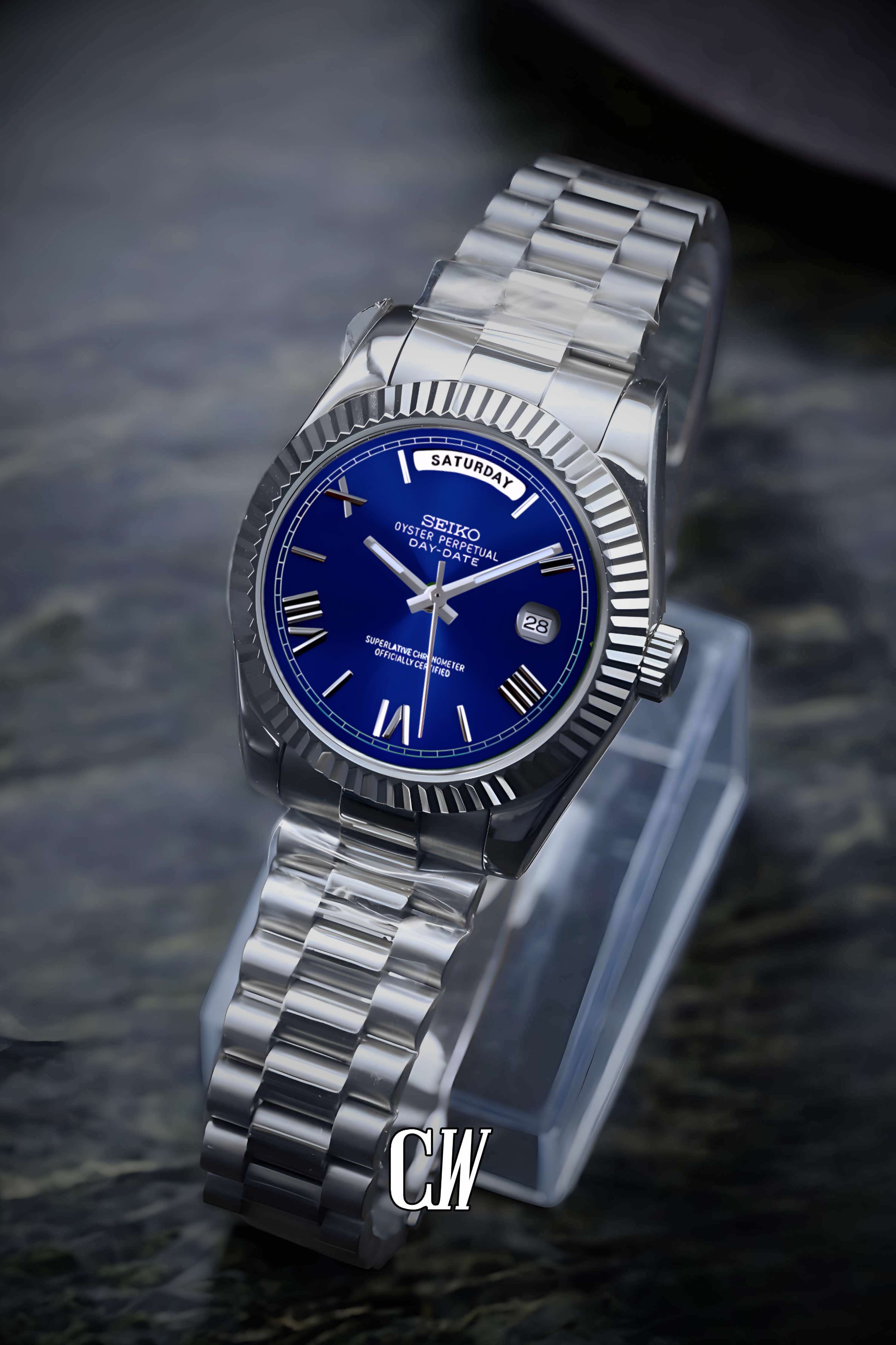 Seikojust mod daydate blue roman numeral automatic watch