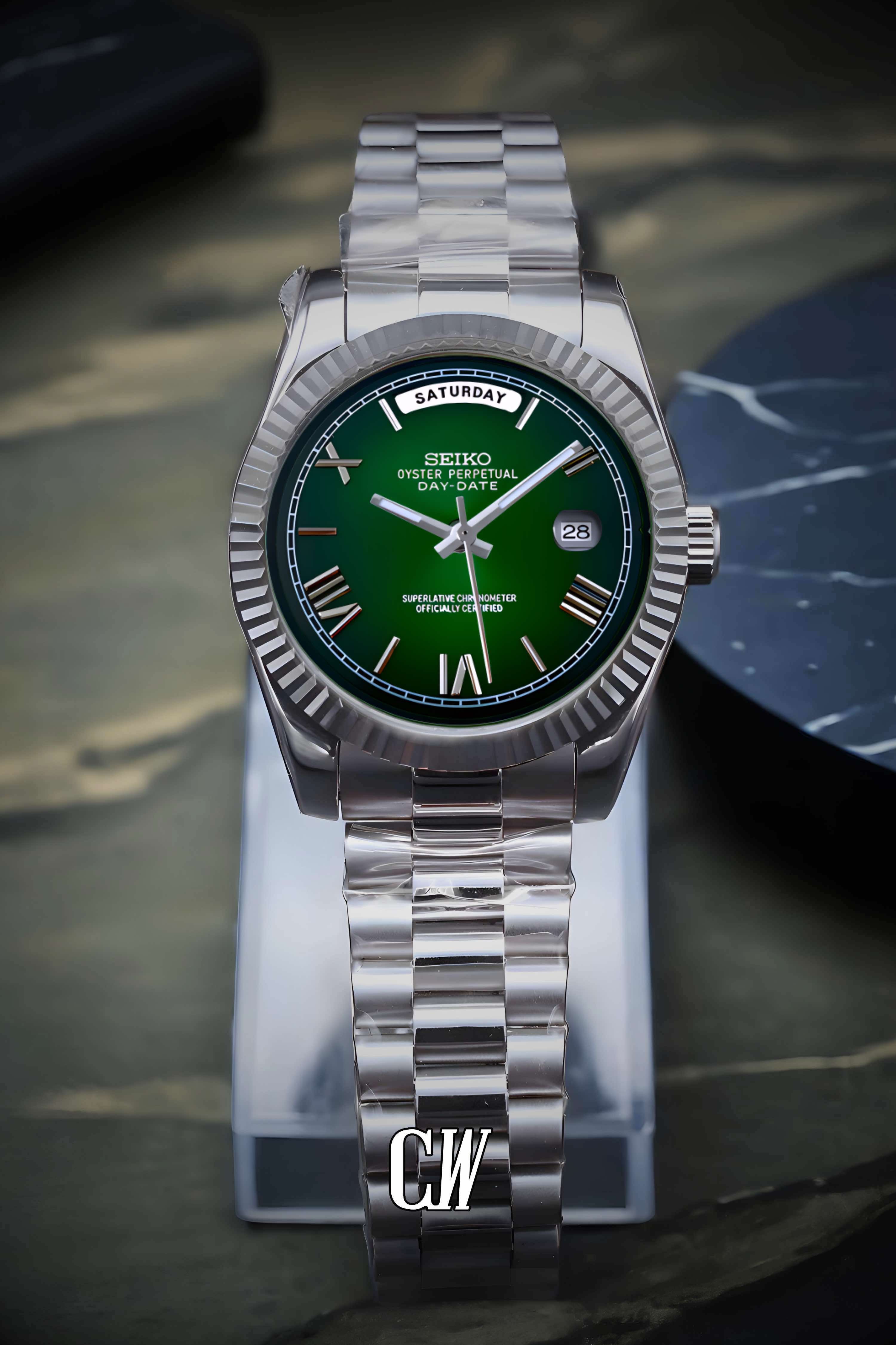 Seikojust mod daydate dark green roman numeral automatic watch