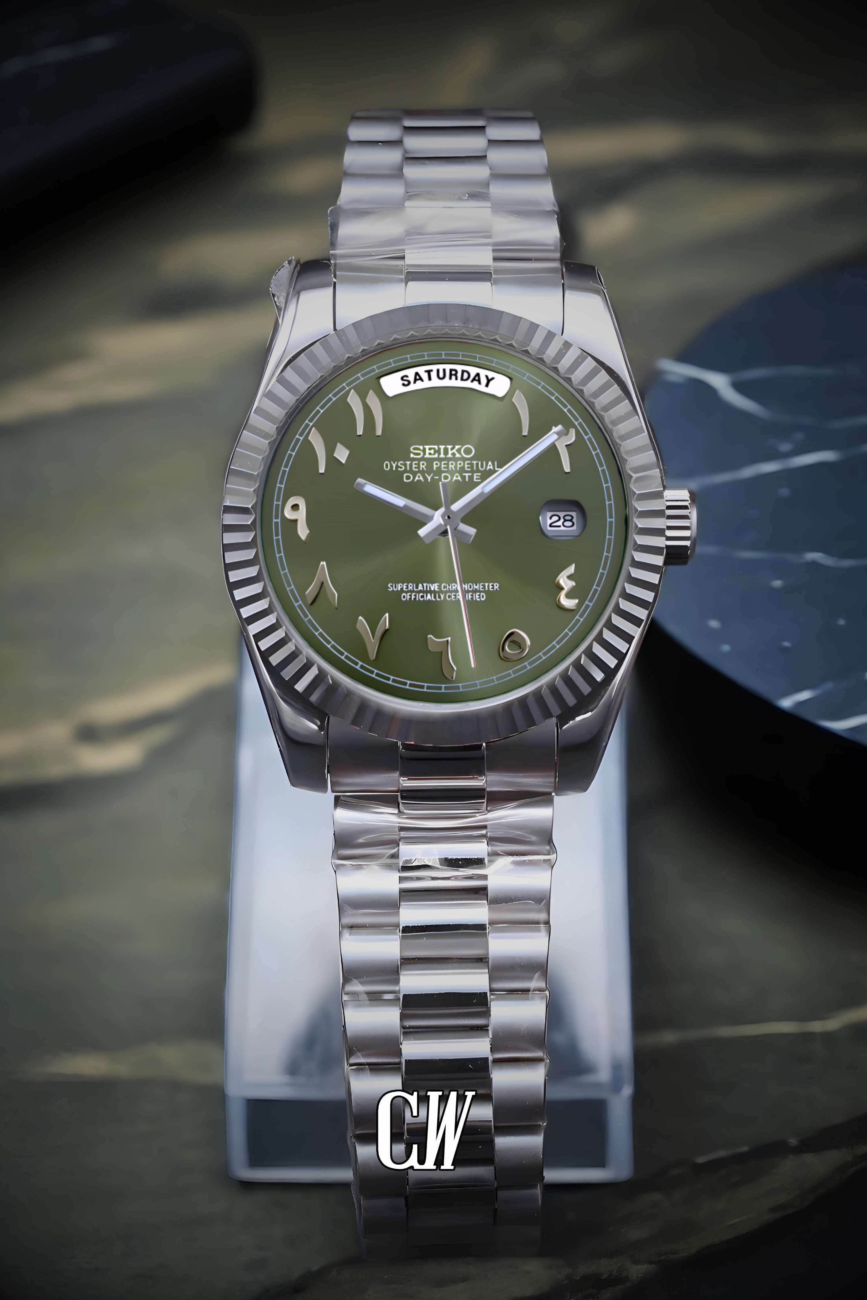 Seikojust mod daydate olive green arabic automatic watch