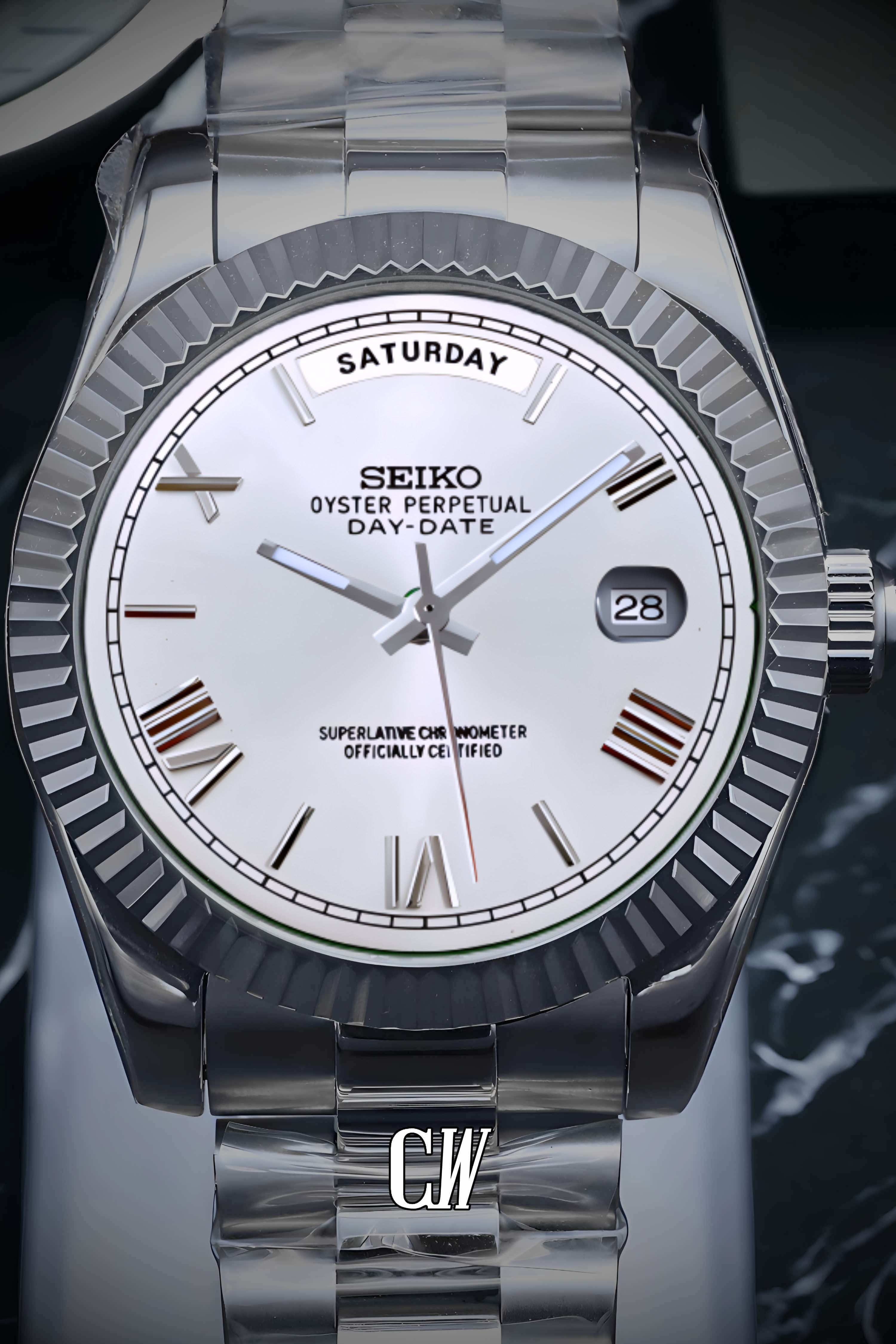 Seikojust mod daydate white roman numeral automatic watch