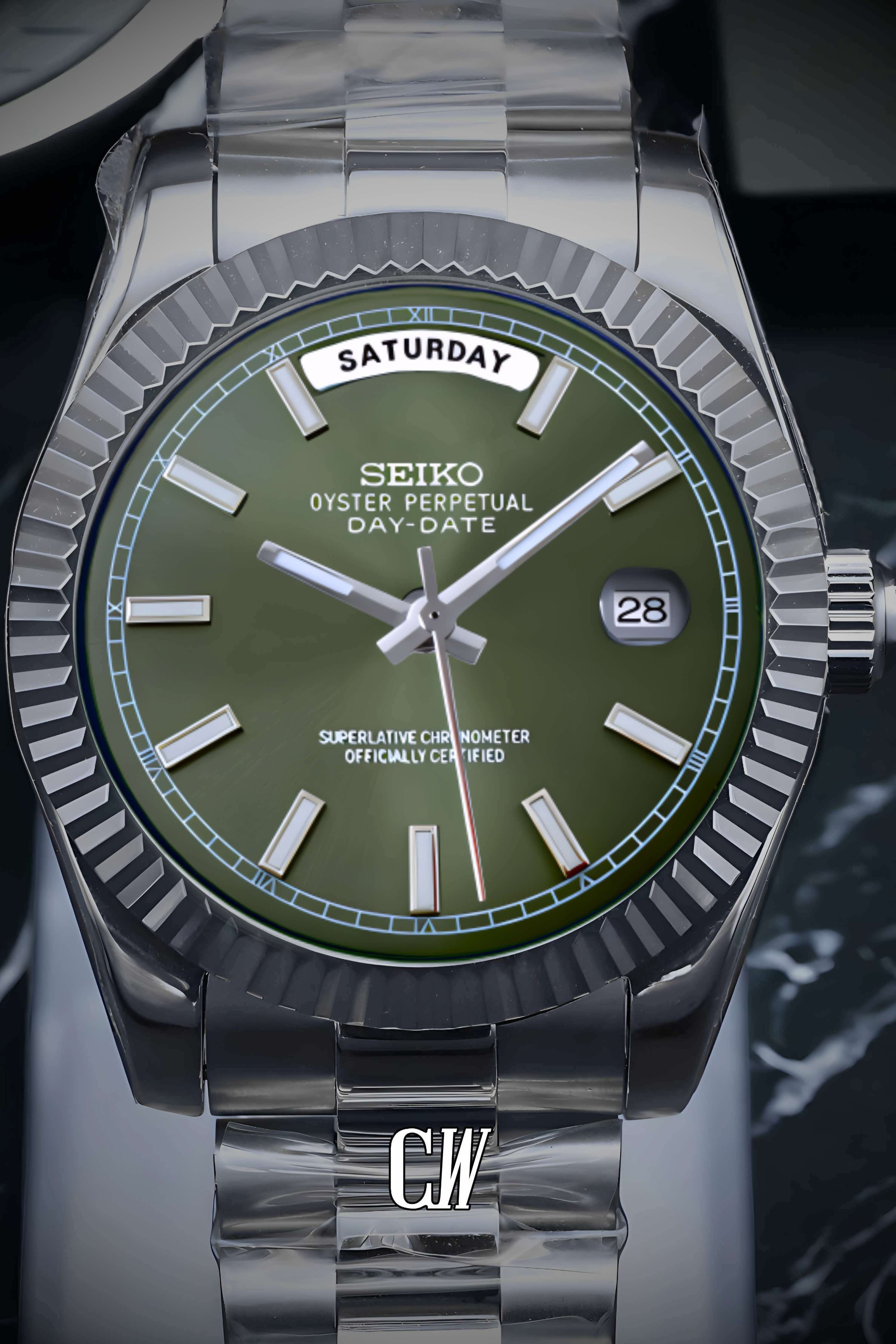 Seikojust mod daydate olive green automatic watch