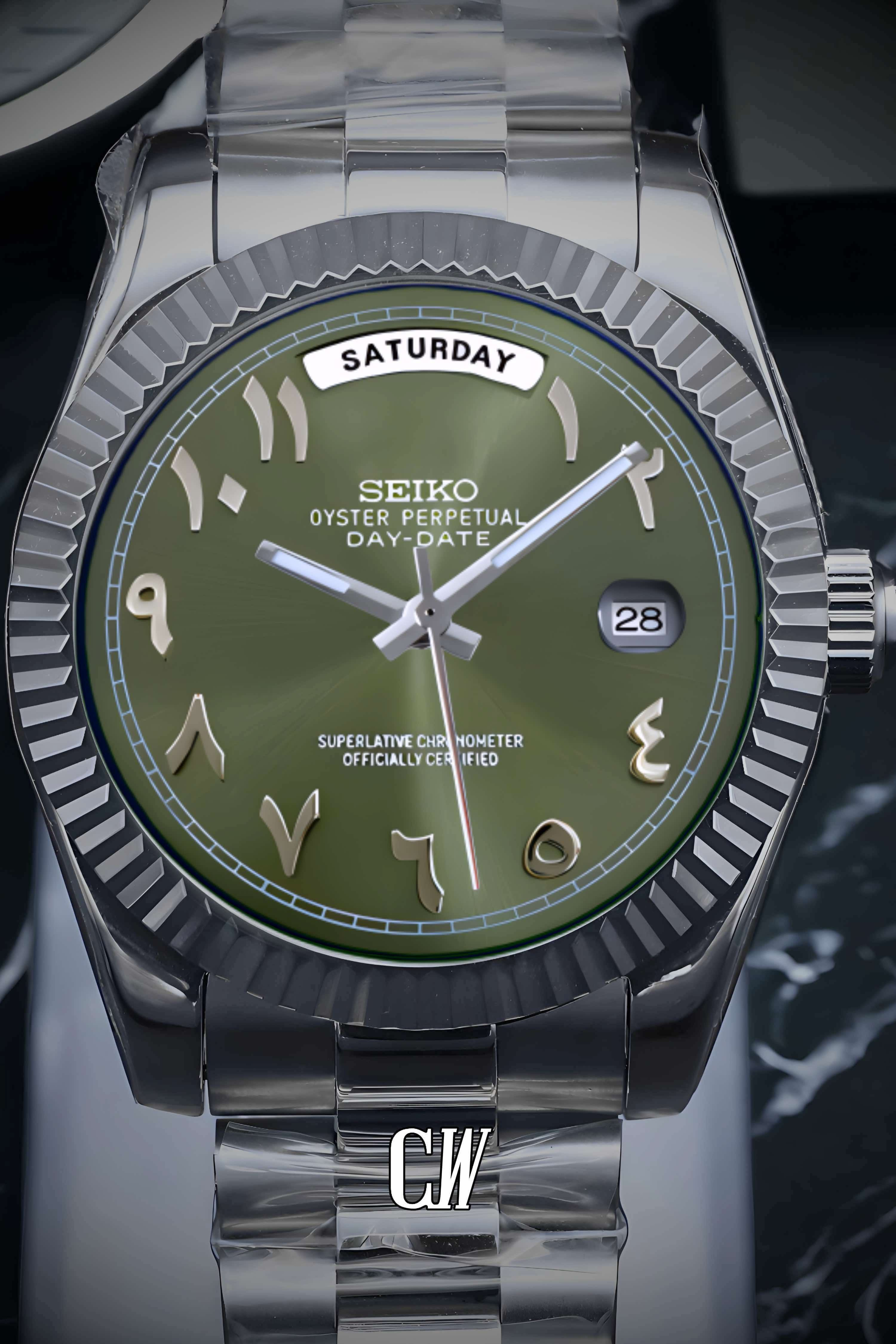 Seikojust mod daydate olive green arabic automatic watch