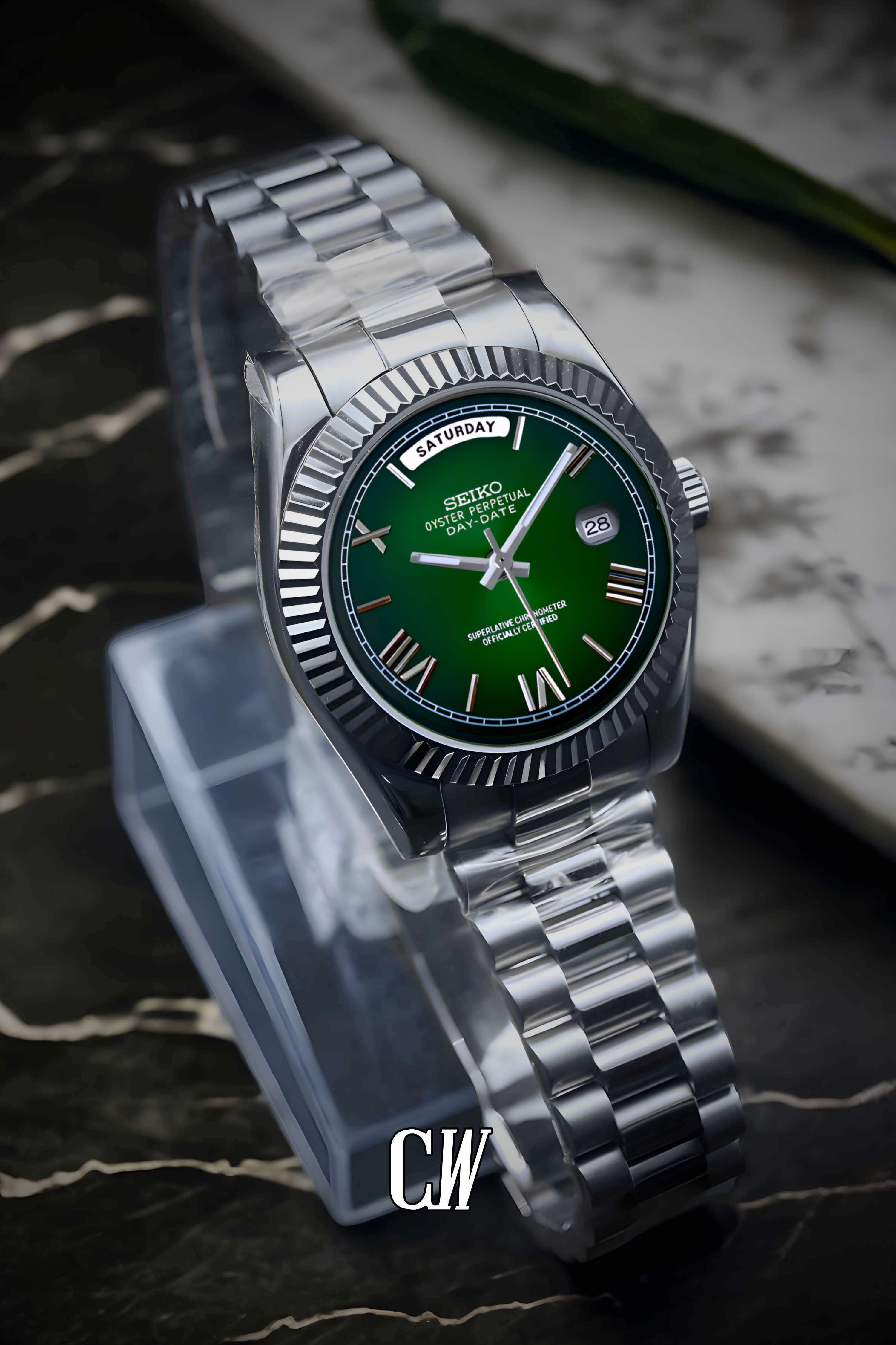 Seikojust mod daydate dark green roman numeral automatic watch