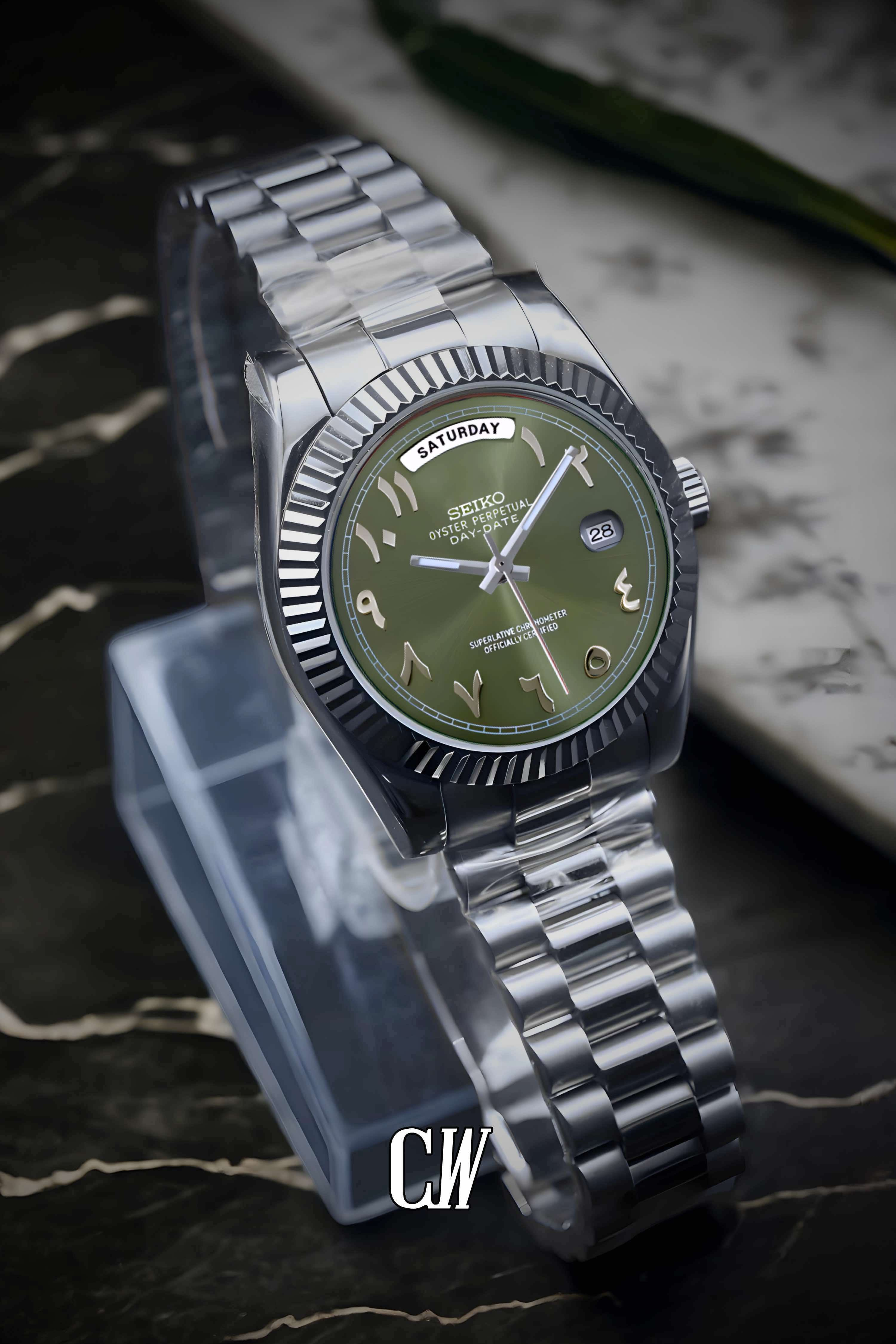 Seikojust mod daydate olive green arabic automatic watch