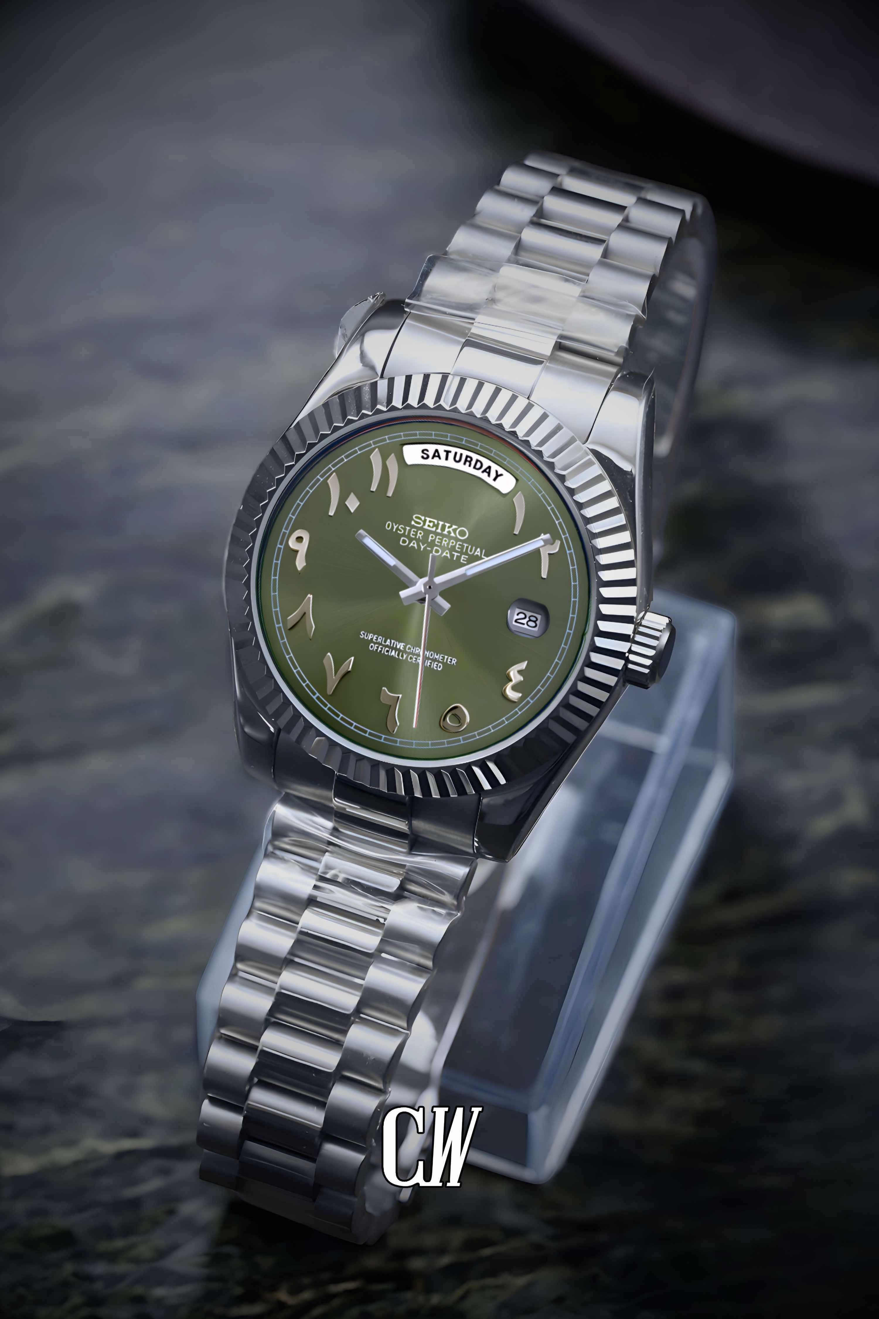 Seikojust mod daydate olive green arabic automatic watch