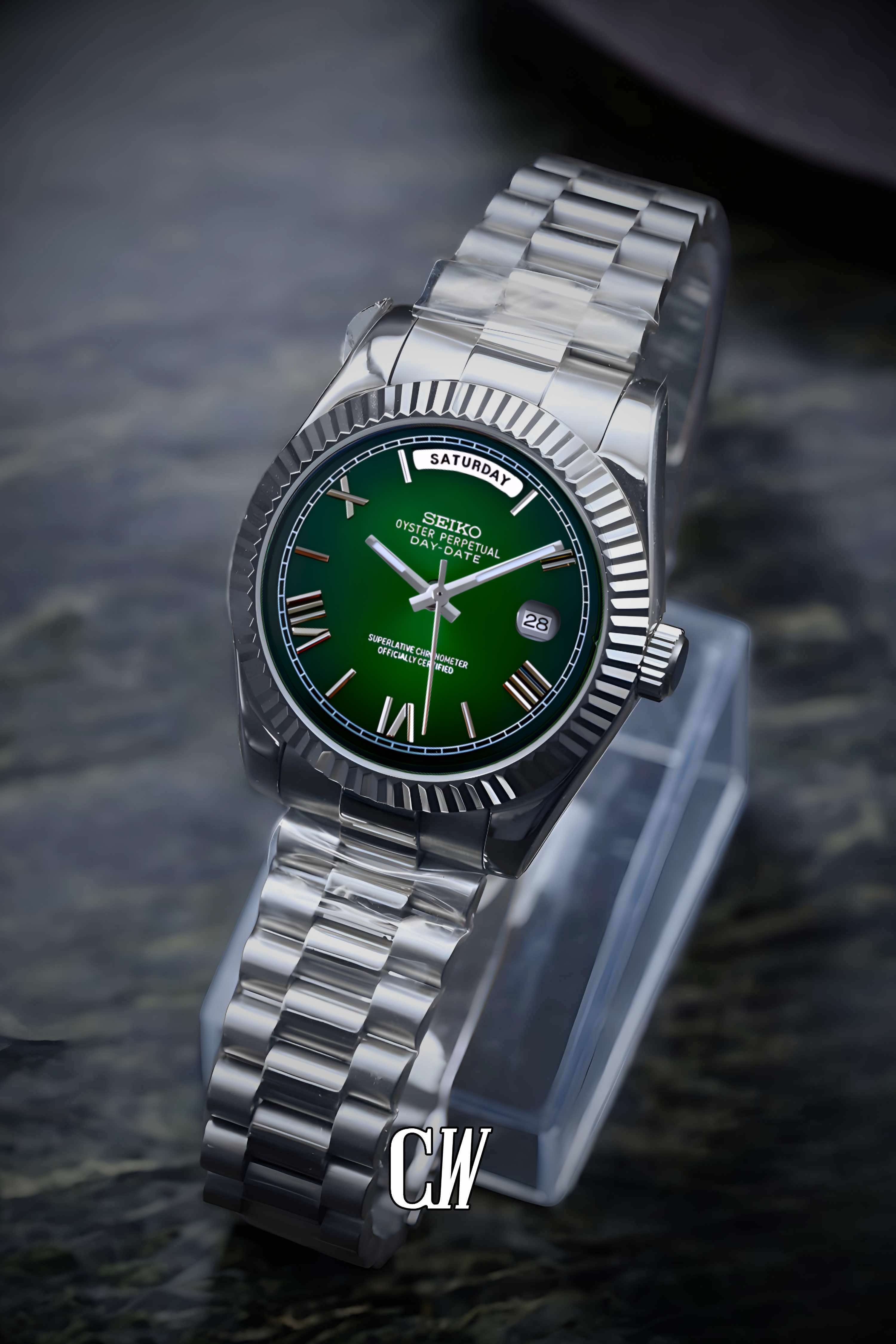 Seikojust mod daydate dark green roman numeral automatic watch