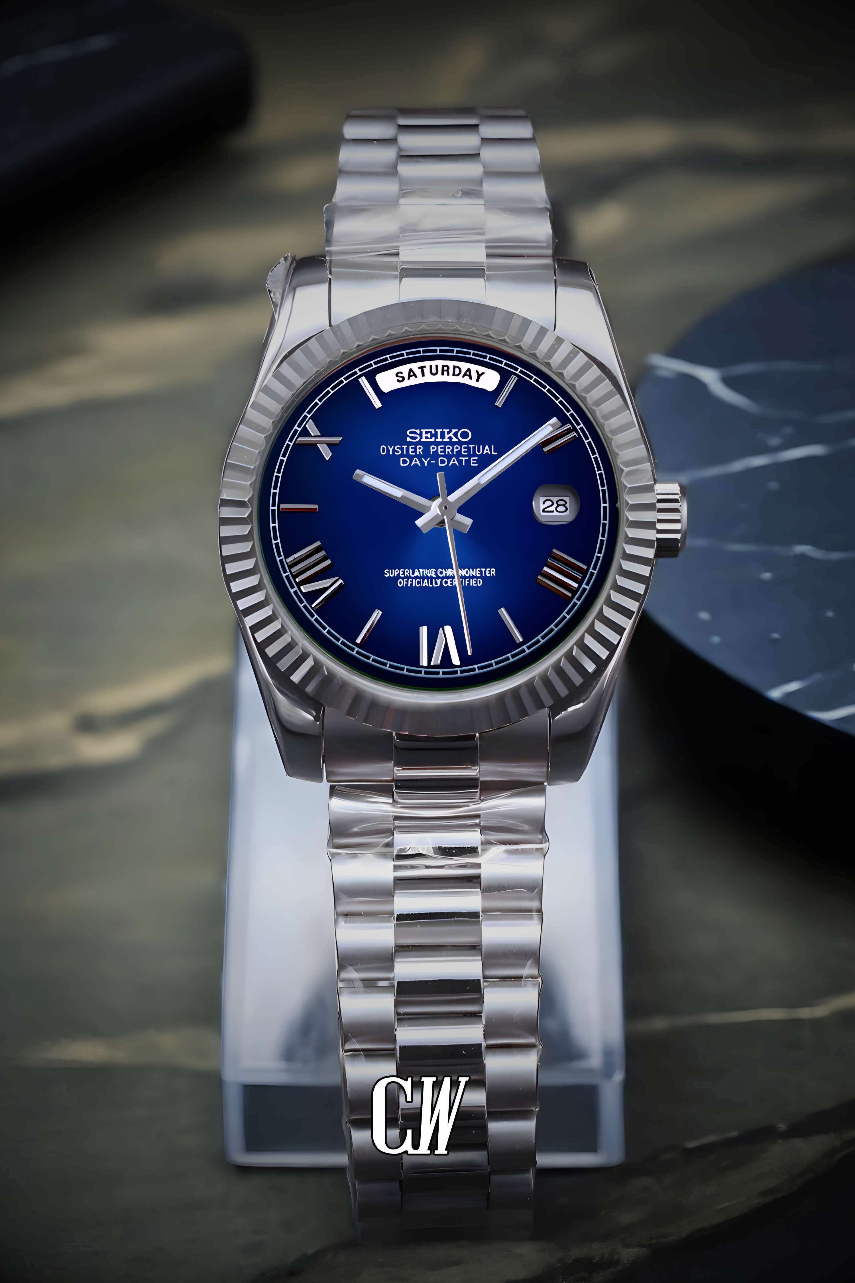 Seikojust mod daydate dark blue roman numeral automatic watch