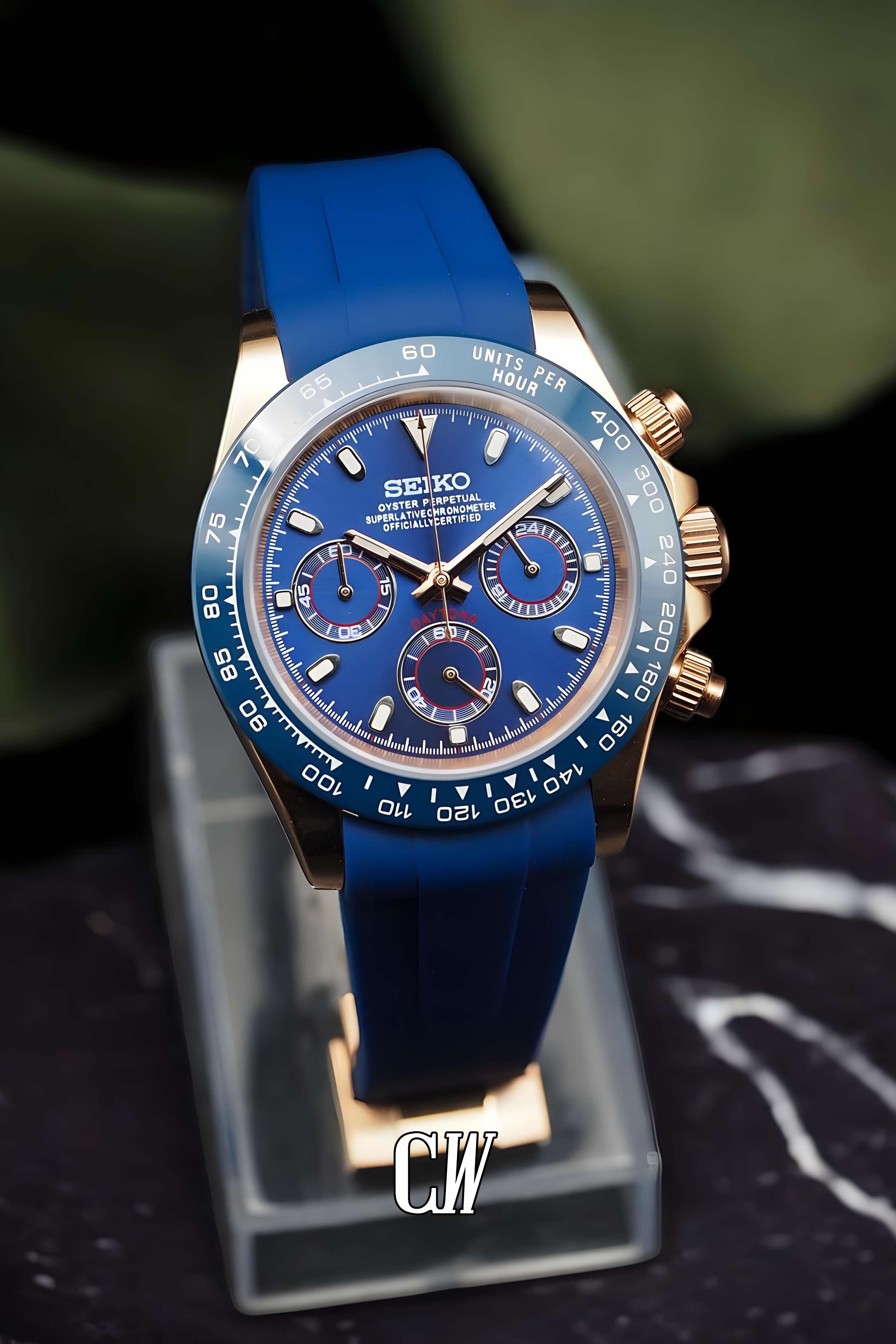 Seitona mod blue rose gold style watch