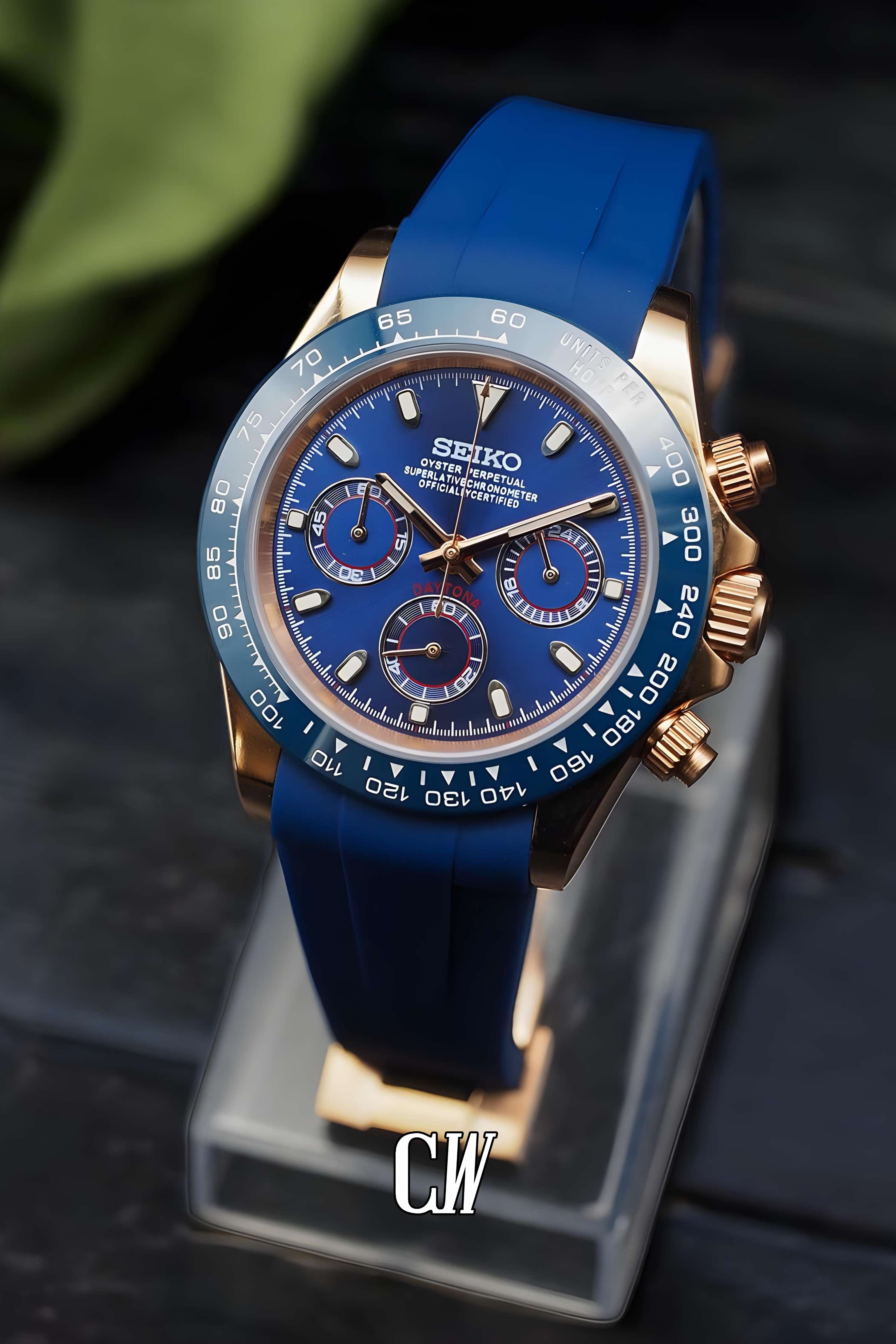 Seitona mod blue rose gold style watch