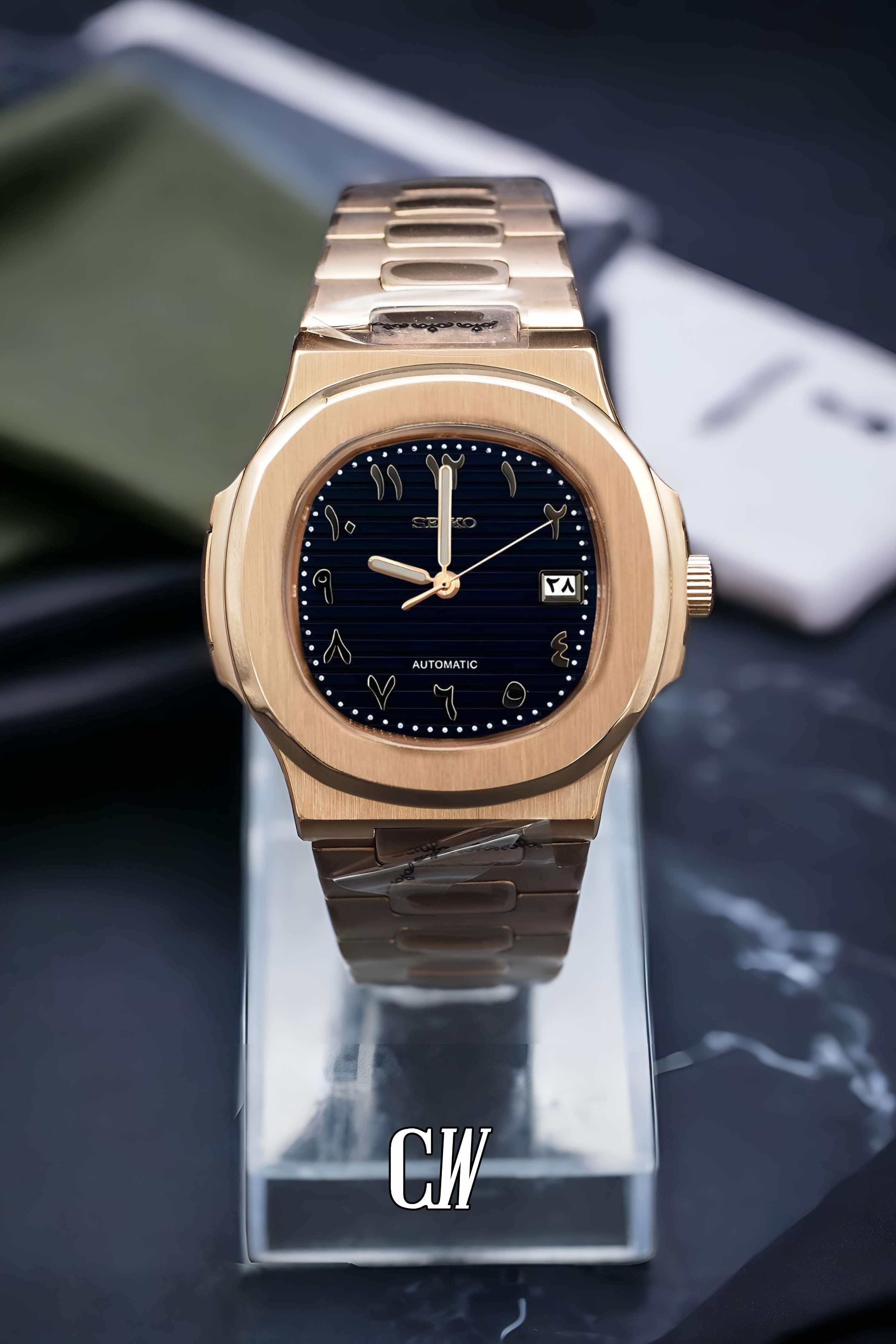 Seikonautilus mod watch arabic black rose gold - Circa Watch Labs