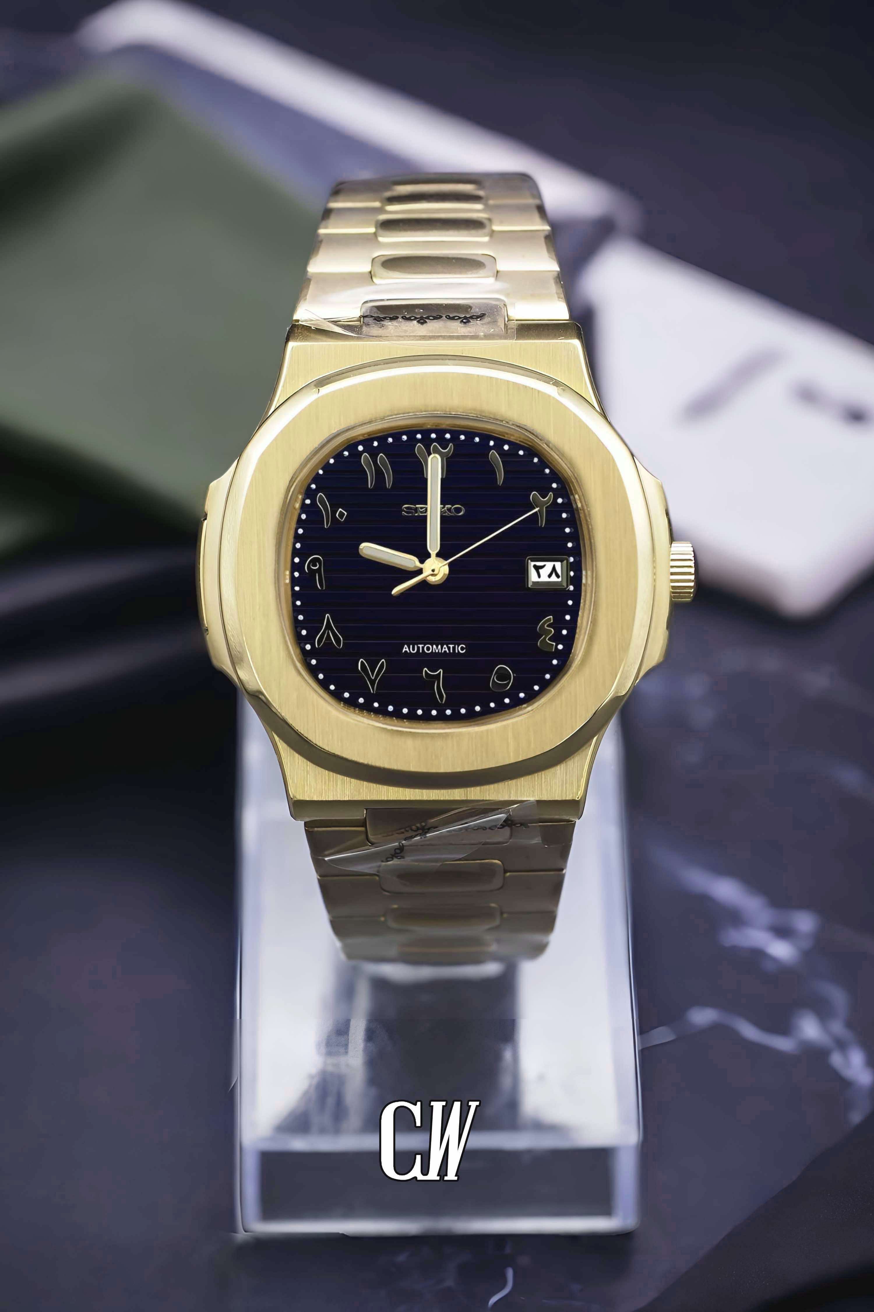 Seikonautilus mod watch arabic black yellow gold - Circa Watch Labs