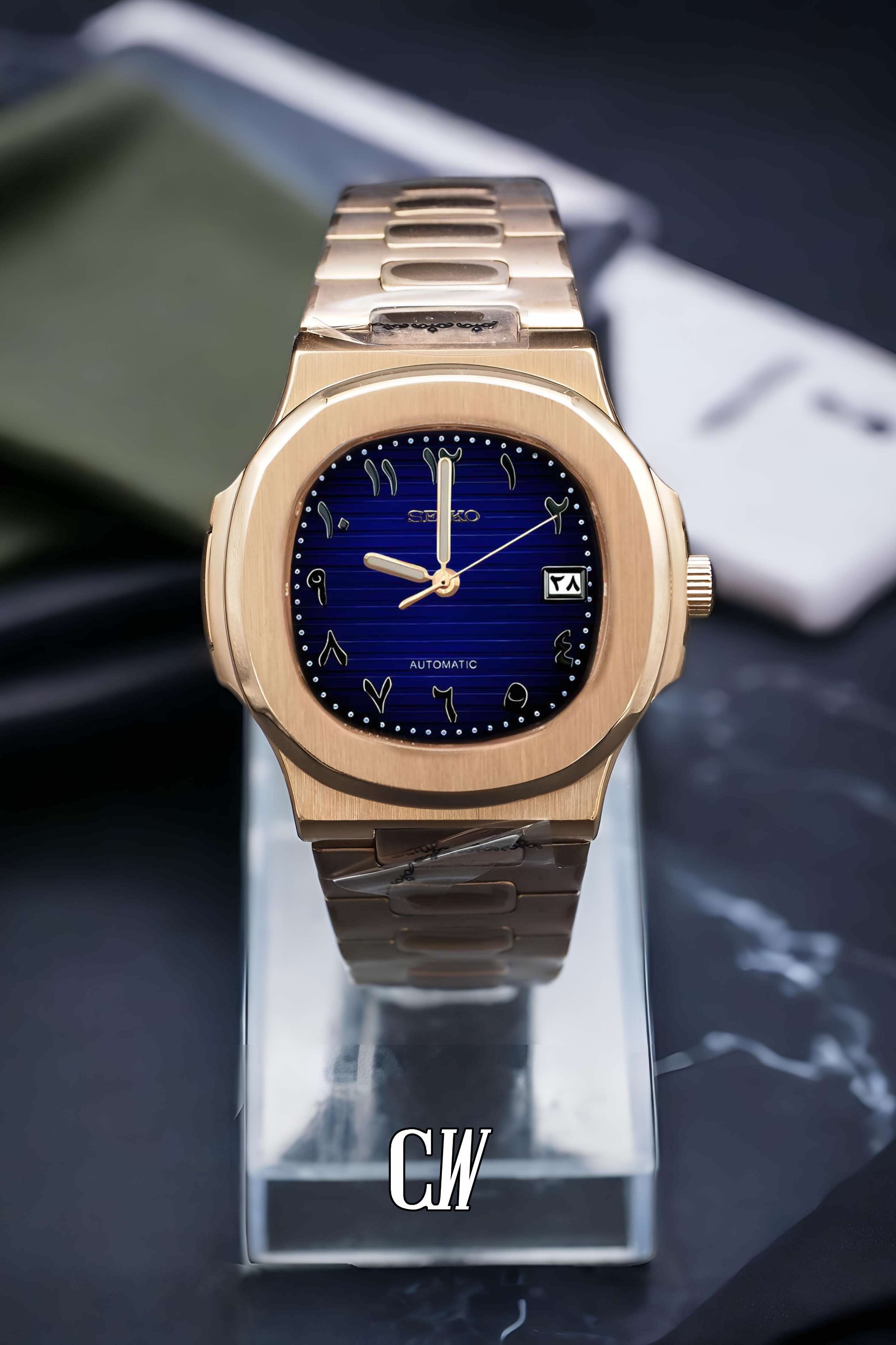 Seikonautilus mod watch arabic blue rose gold - Circa Watch Labs