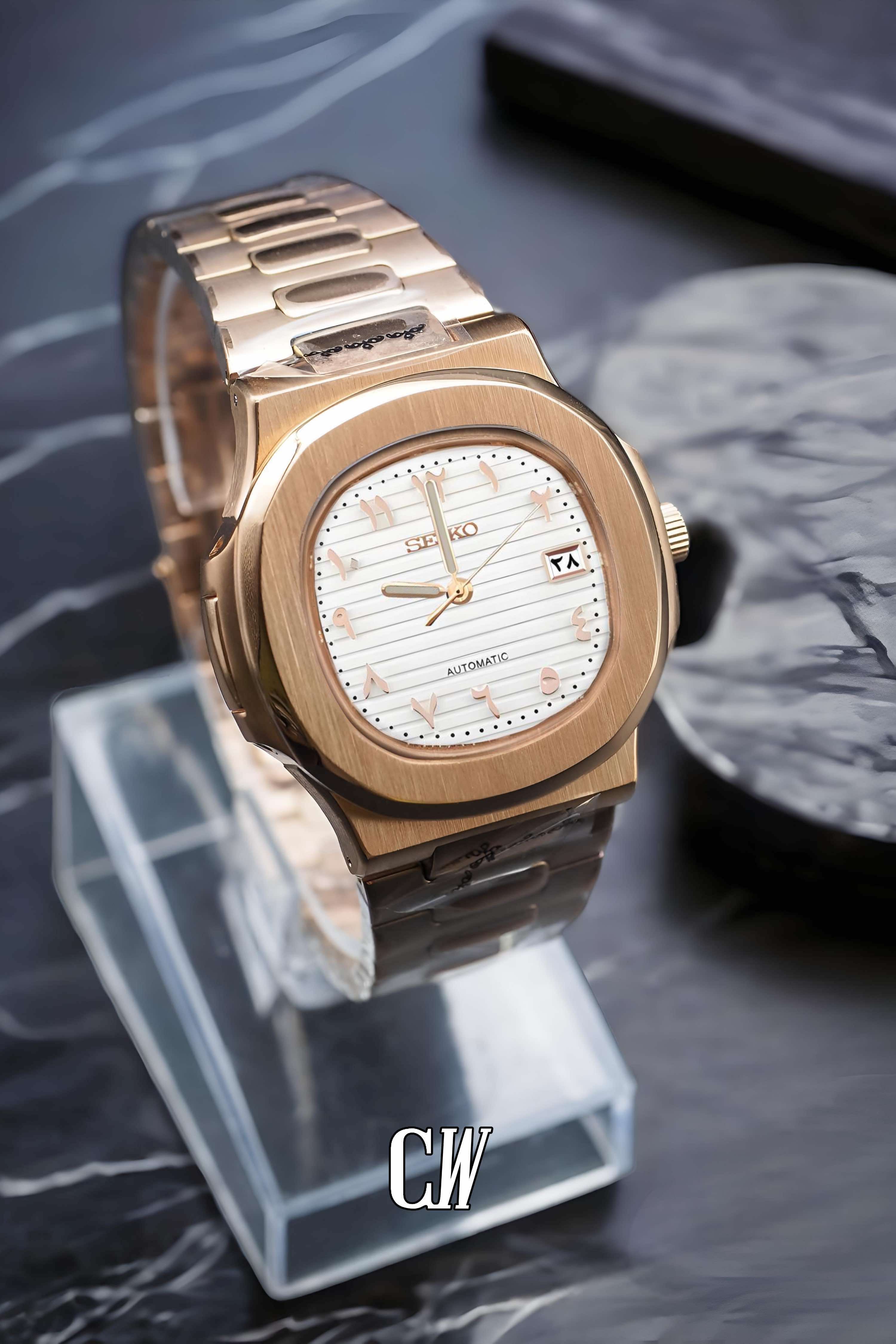 Seikonautilus mod watch arabic white rose gold