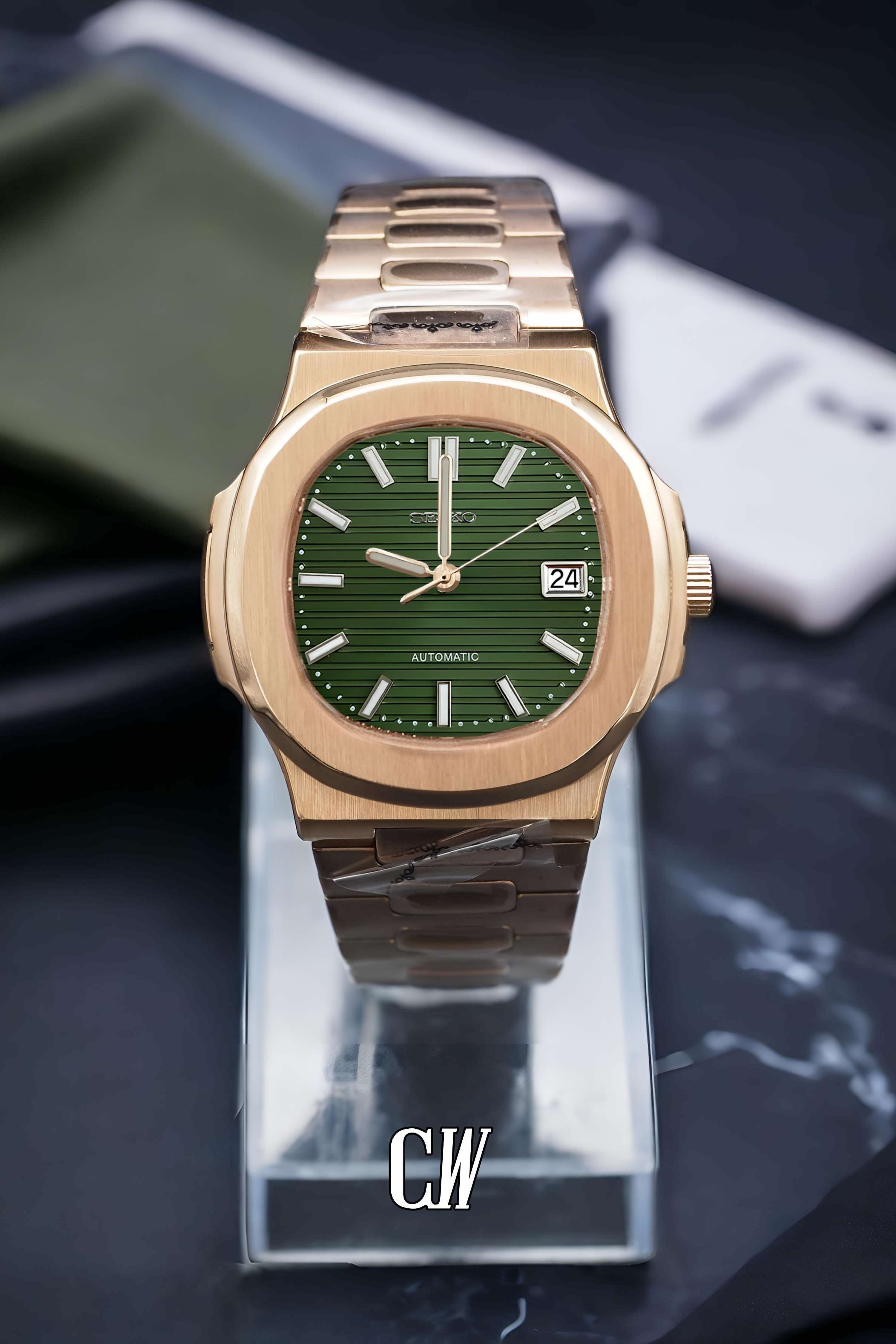 Seikonautilus mod watch olive green rose gold