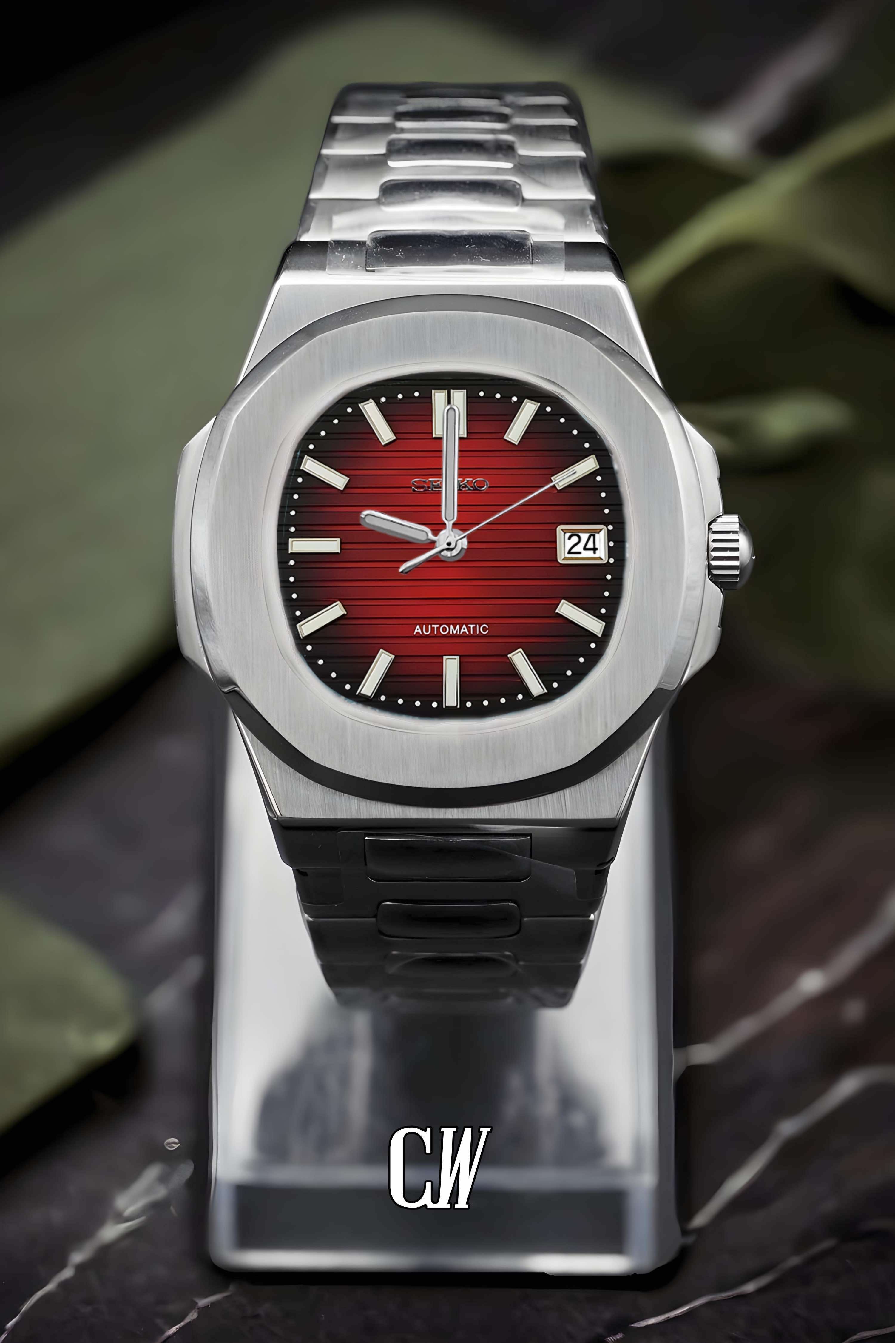 Seikonautilus mod watch red black silver