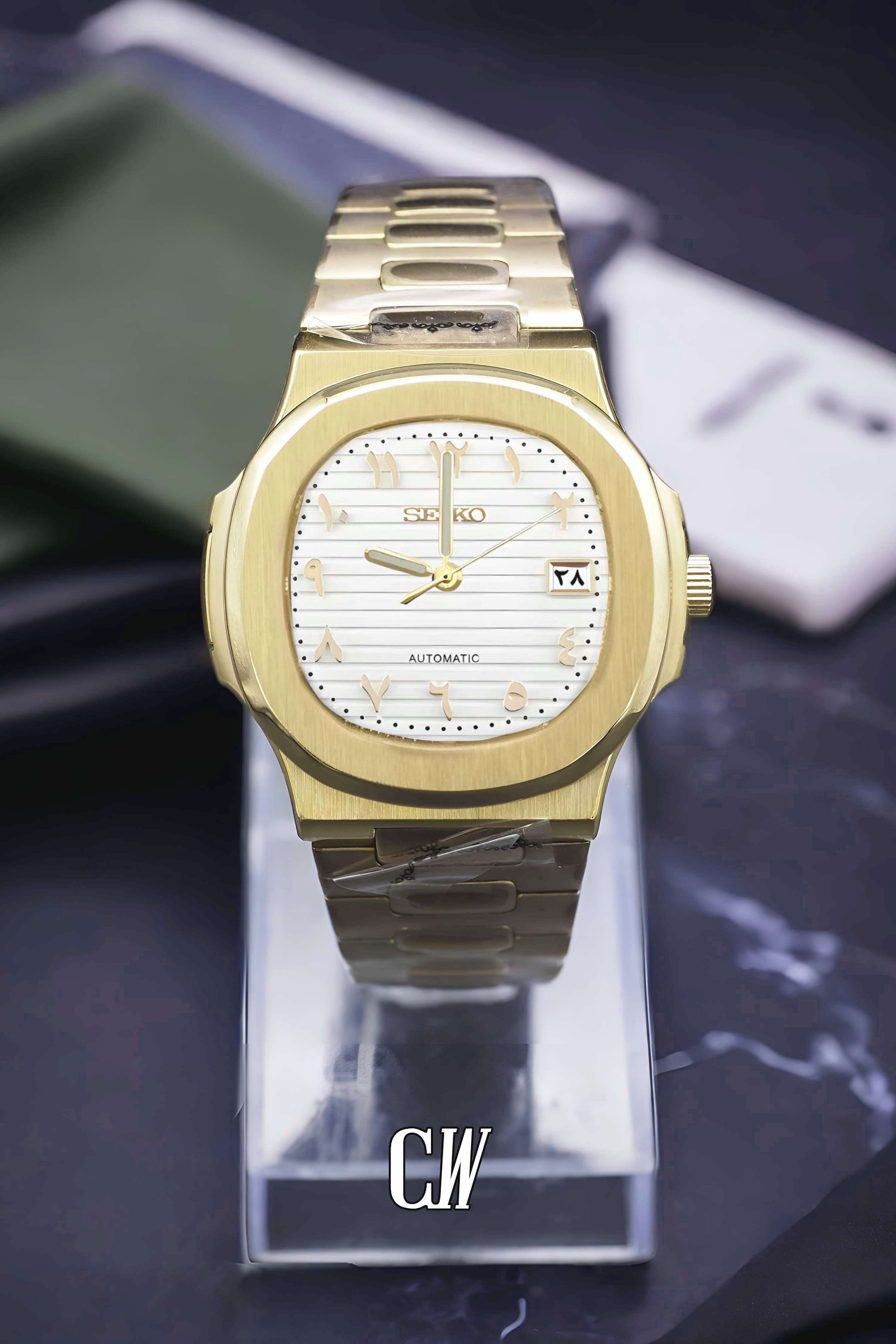 Seikonautilus mod watch arabic white yellow gold