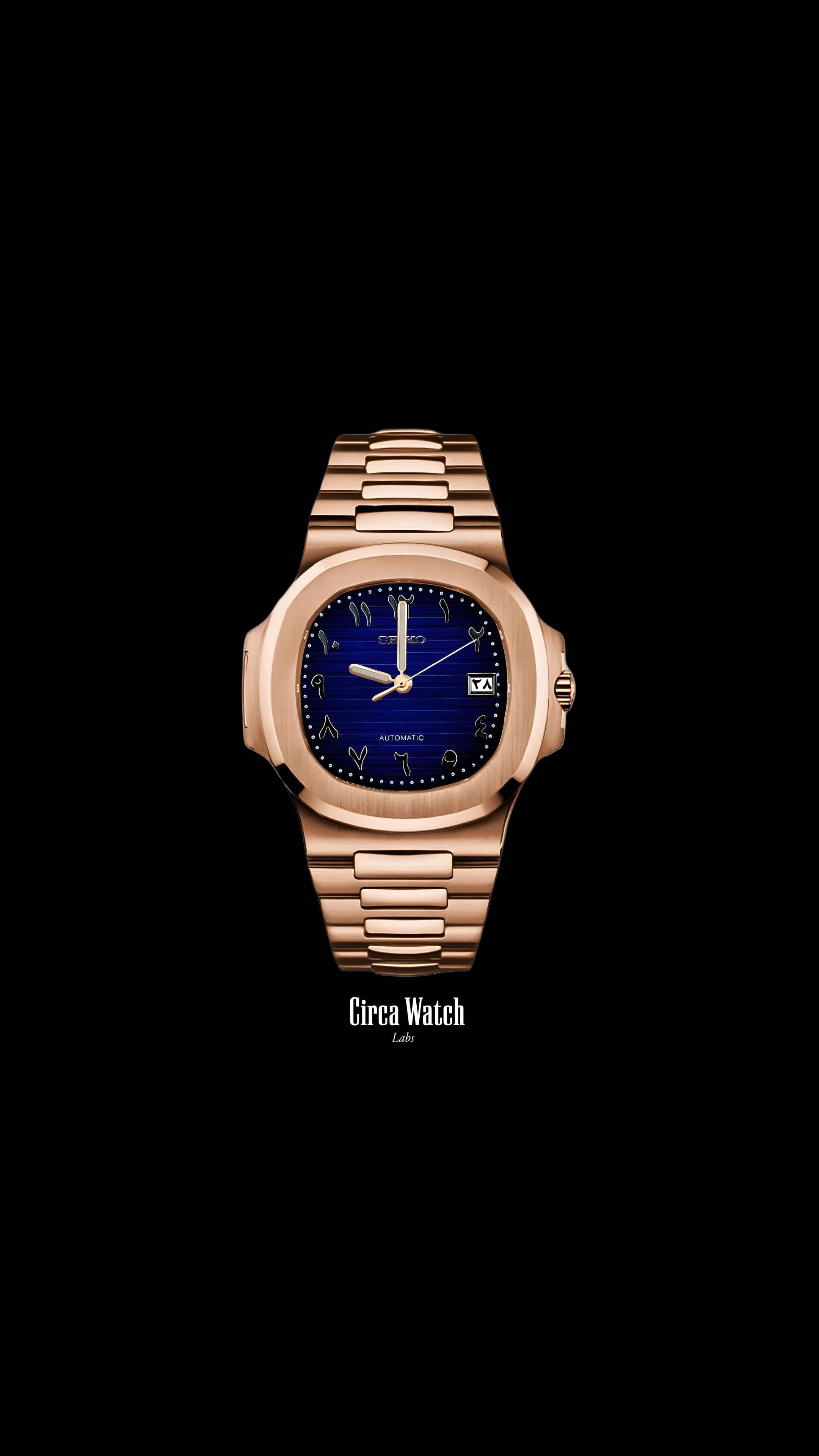 Seikonautilus mod watch arabic blue rose gold - Circa Watch Labs