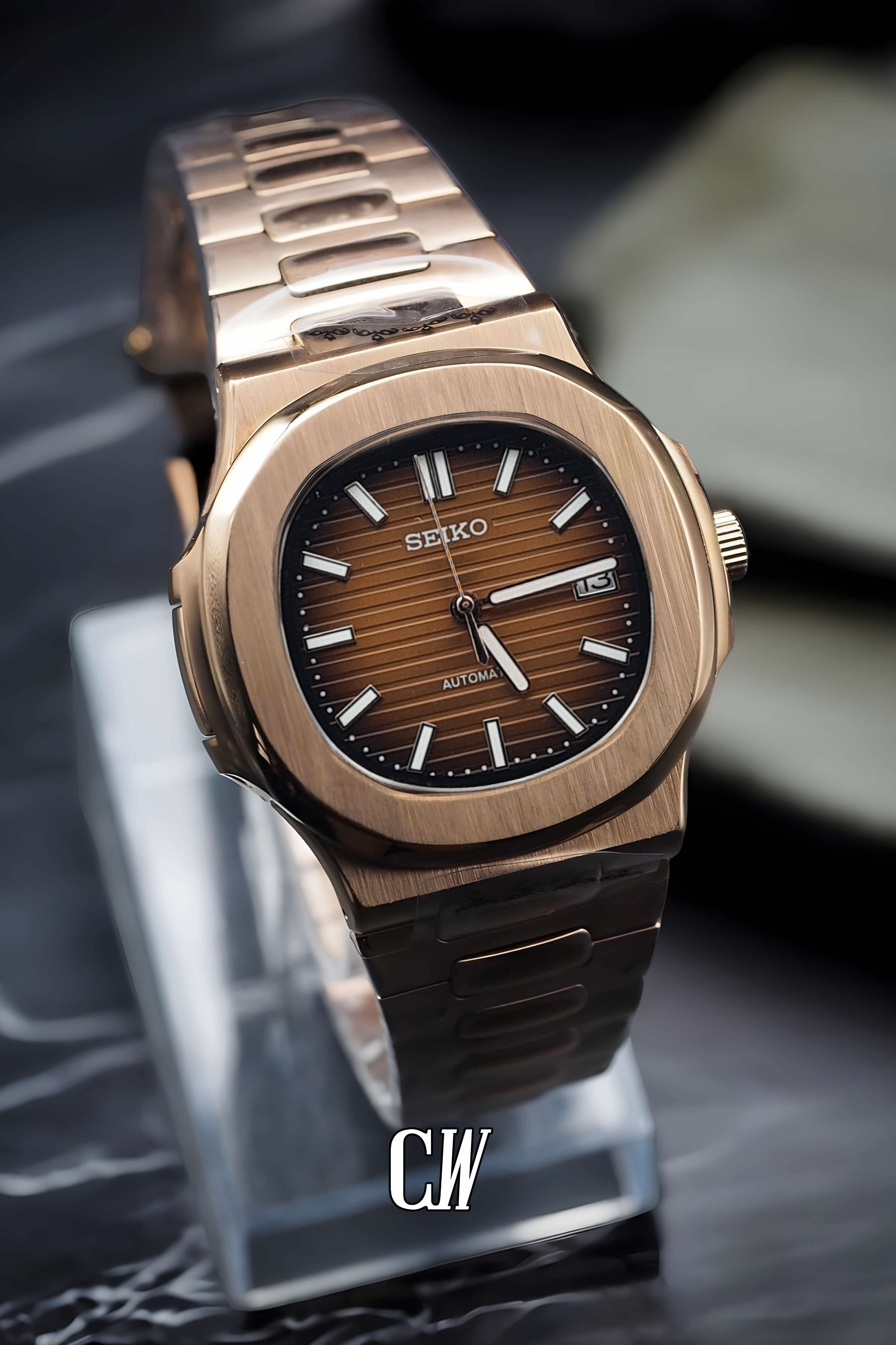 Seikonautilus mod watch rose gold brown