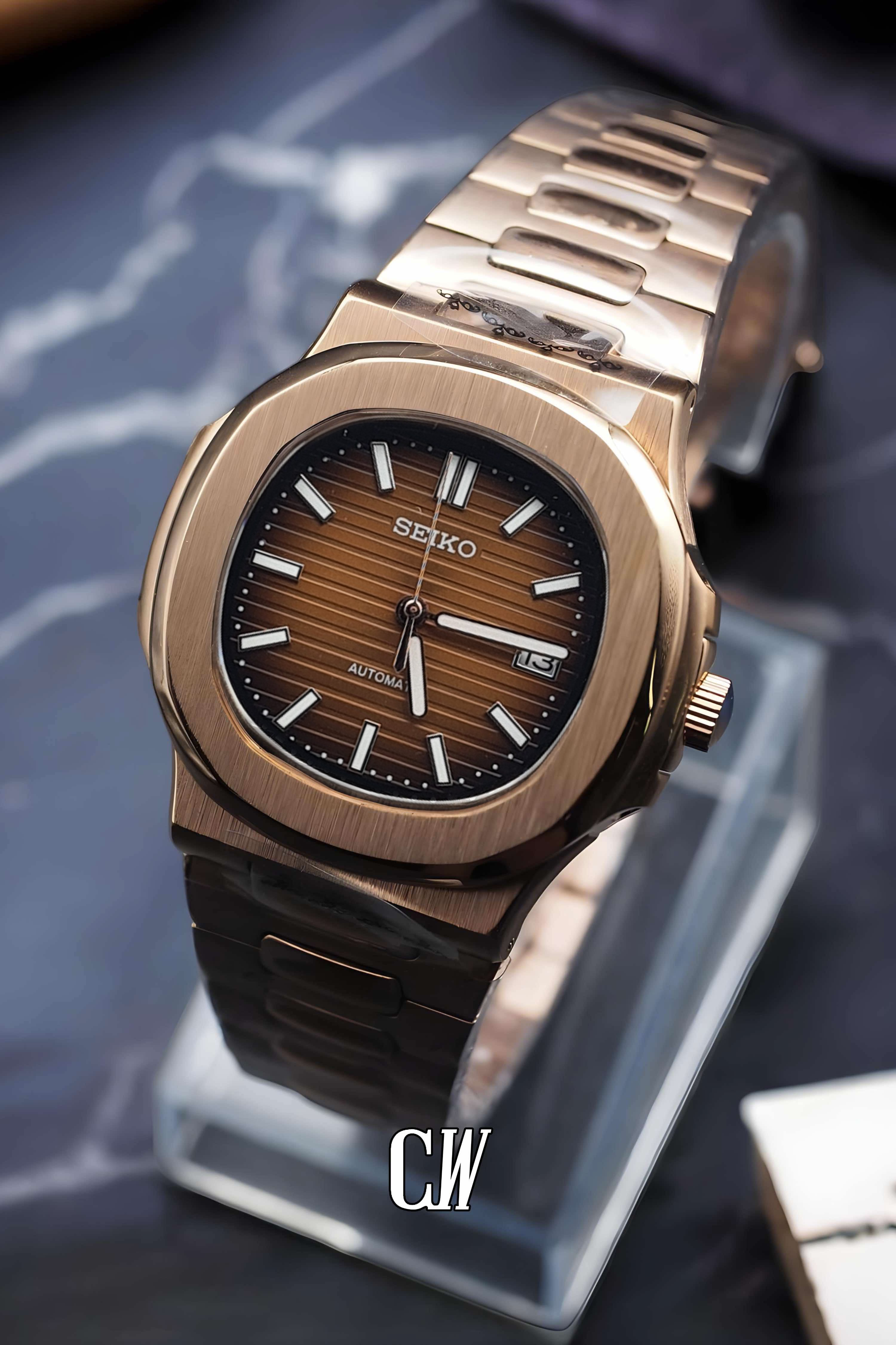 Seikonautilus mod watch rose gold brown