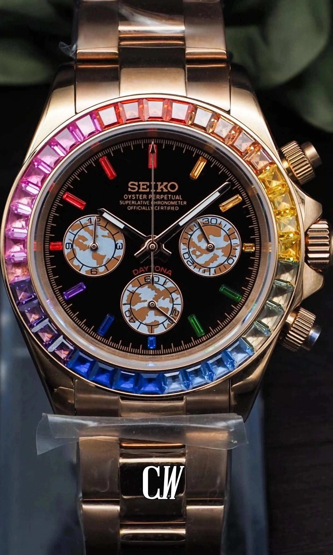 Seitona mod black rose gold baguette style watch-Circa Watch Labs
