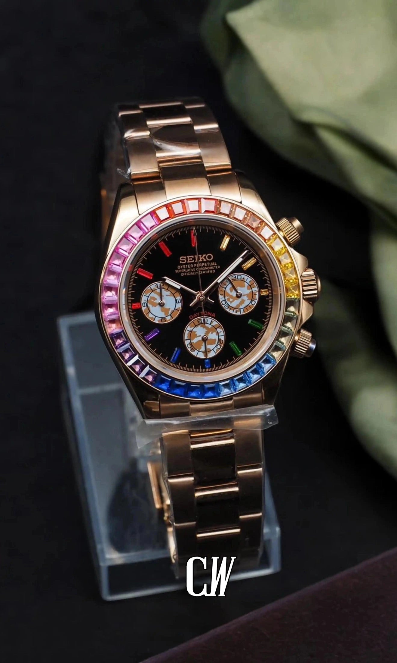 Seitona mod black rose gold baguette style watch-Circa Watch Labs