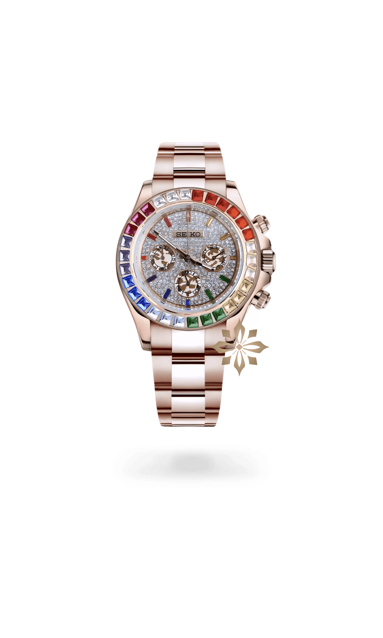 Seitona mod rainbow rose gold baguette style watch-Circa Watch Labs