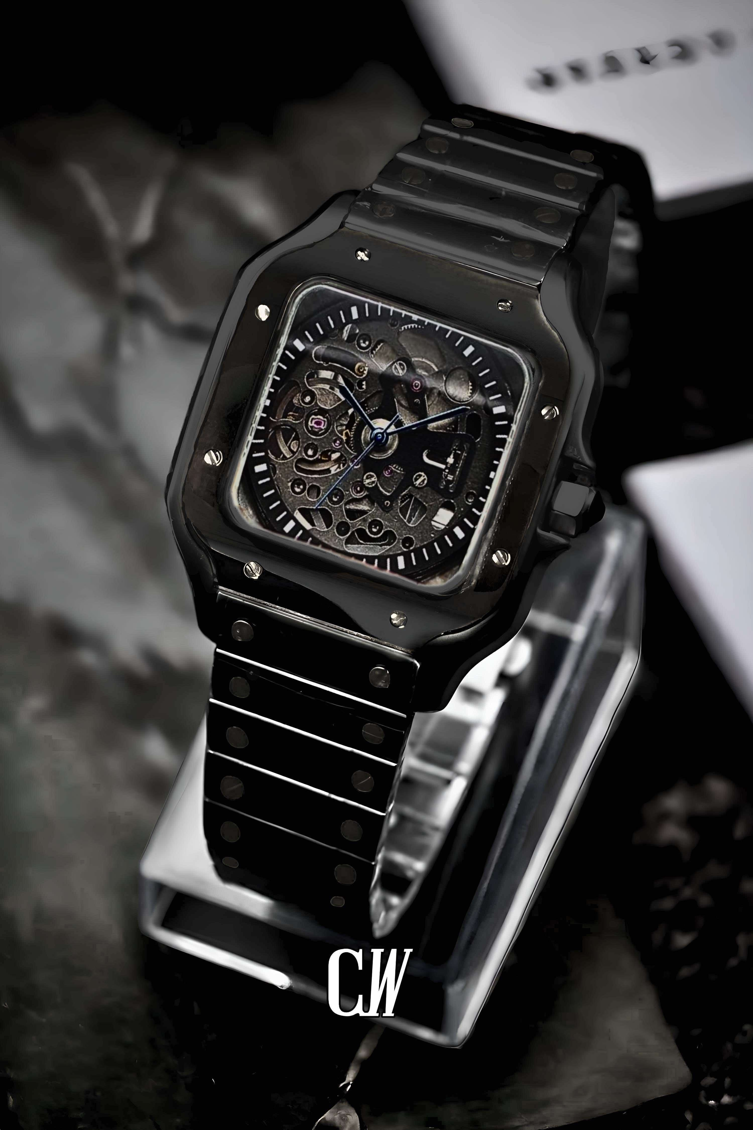 Santeiko Mod Santos style Skeleton watch triple black - Circa Watch Labs