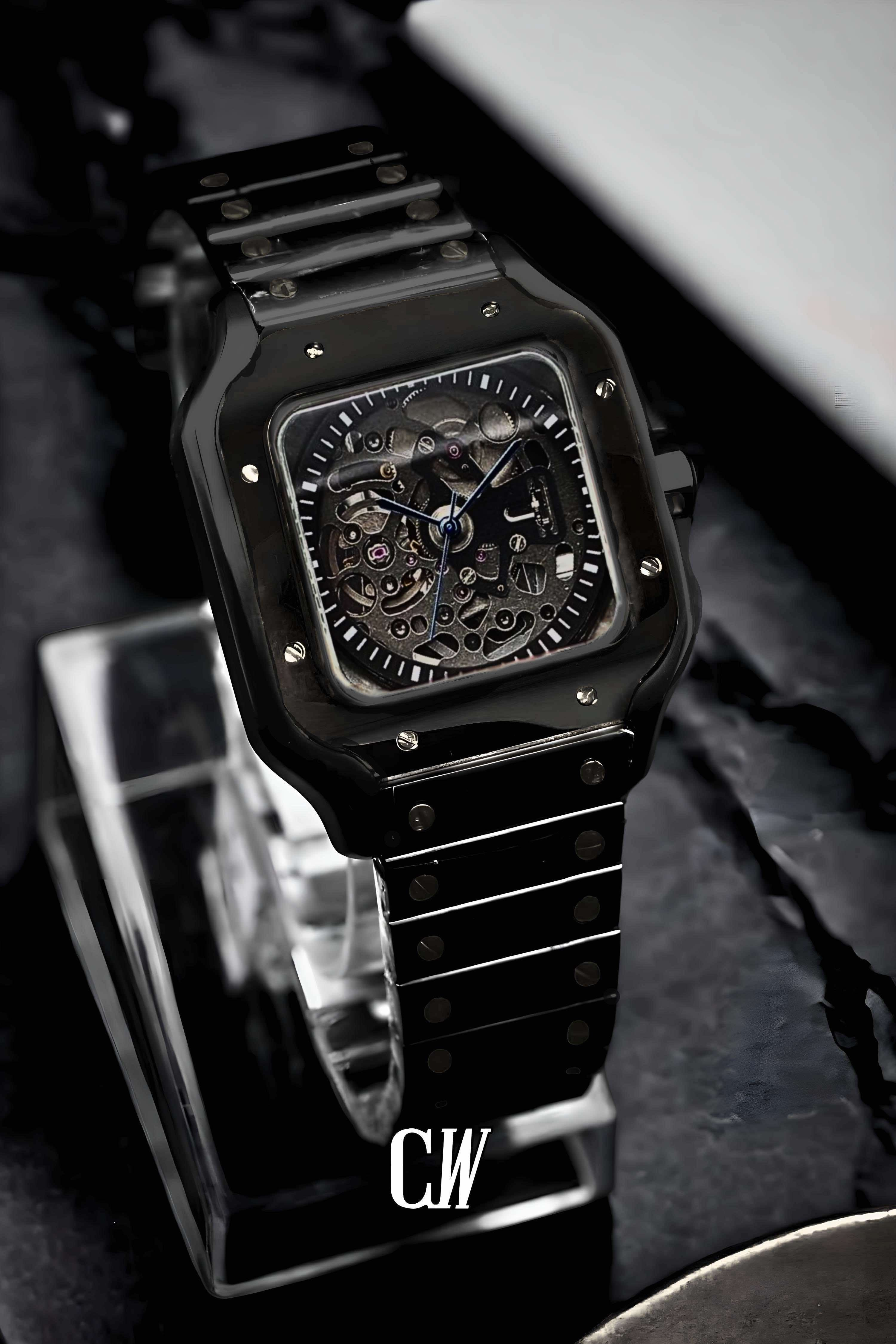 Santeiko Mod Santos style Skeleton watch triple black - Circa Watch Labs