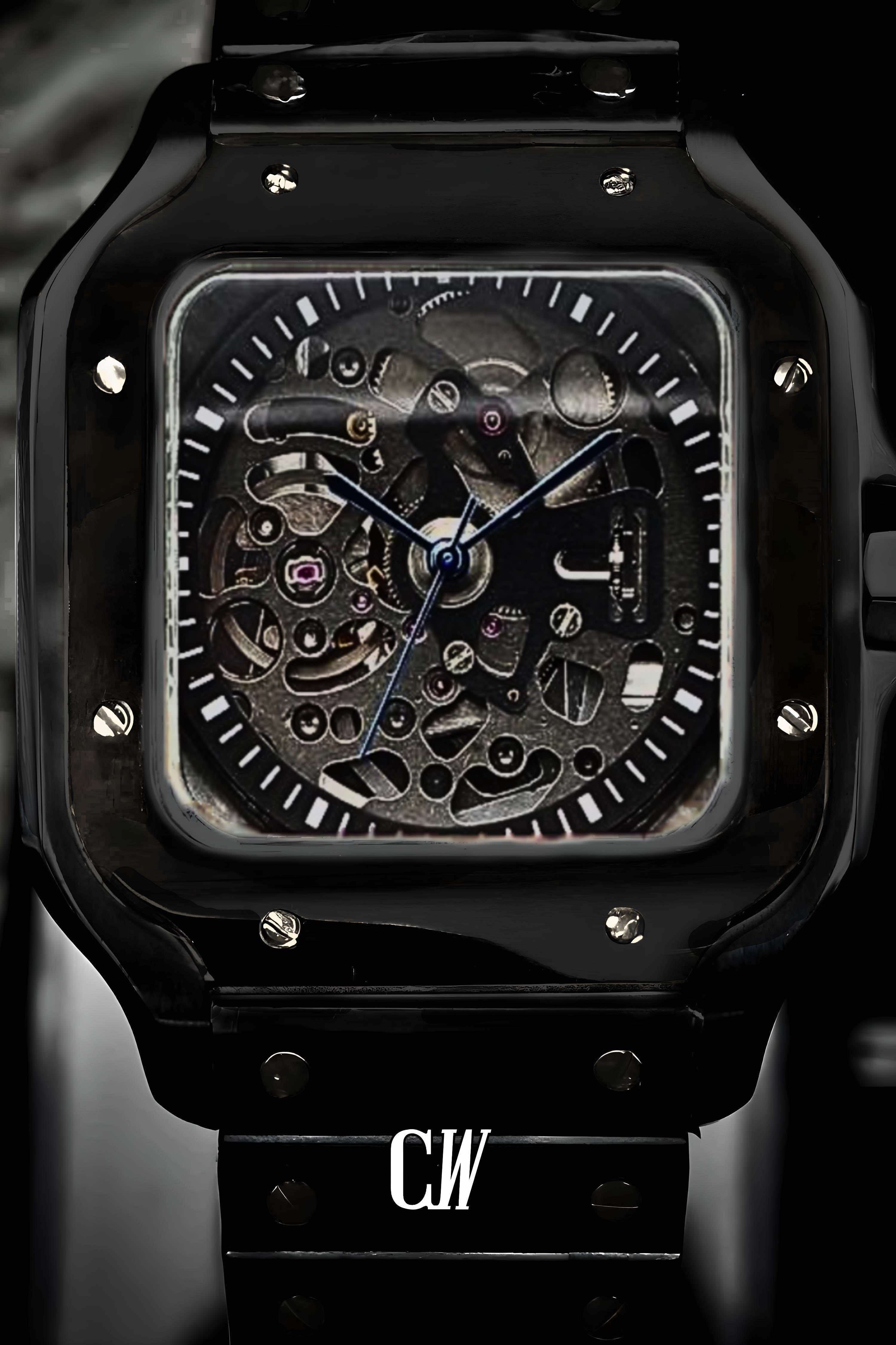 Santeiko Mod Santos style Skeleton watch triple black - Circa Watch Labs