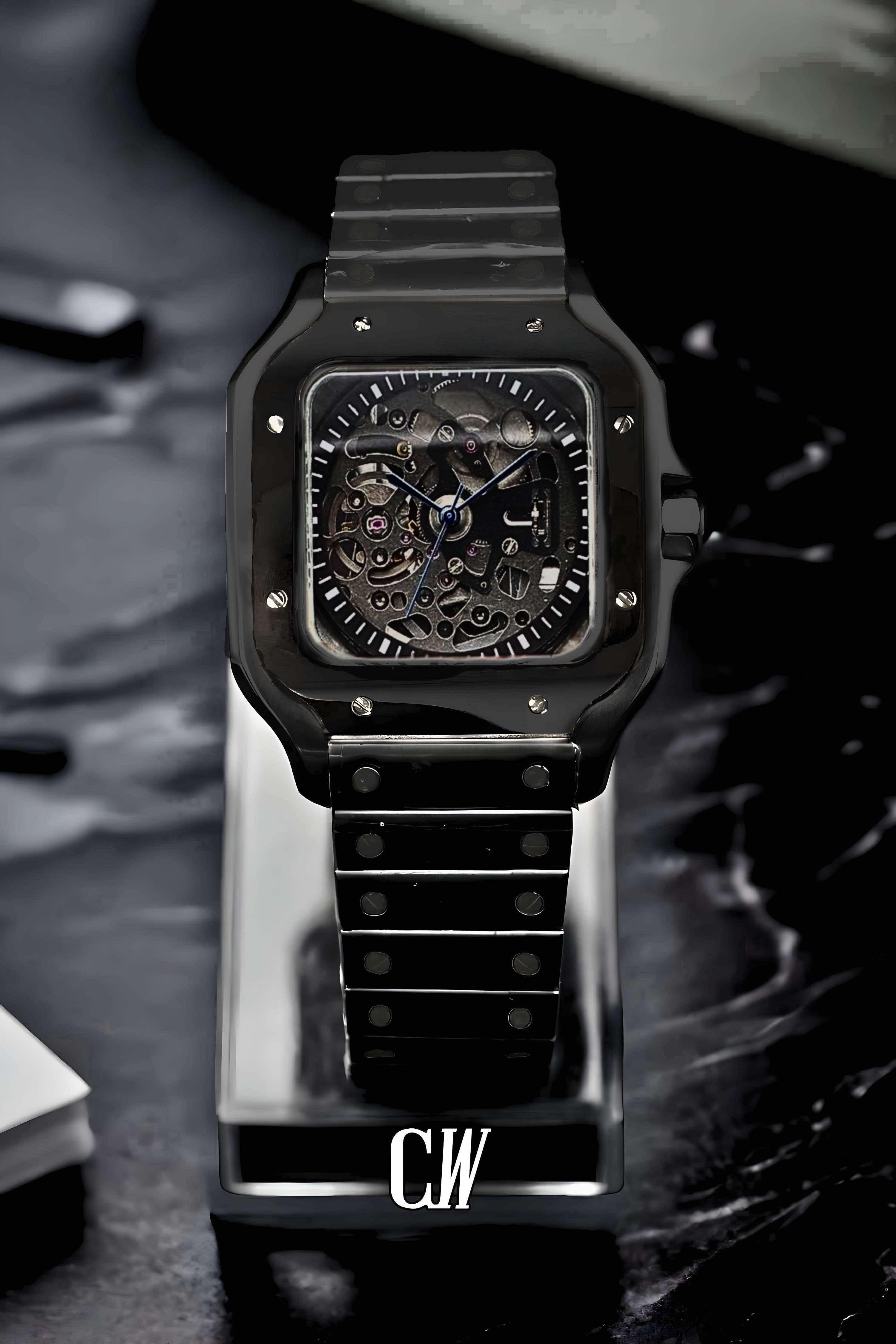 Santeiko Mod Santos style Skeleton watch triple black - Circa Watch Labs