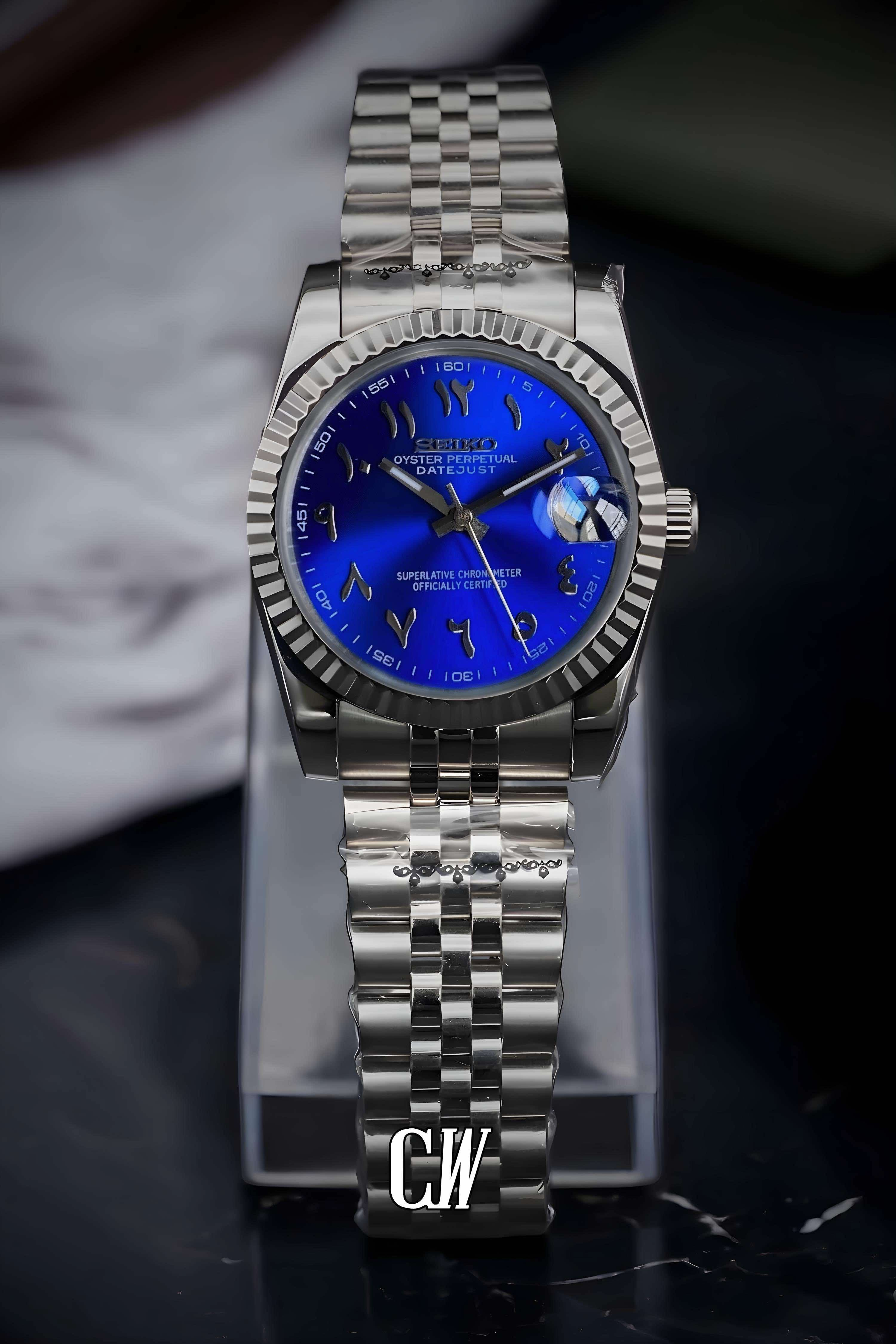 Seiko mod datejust watch 'arabic sunburst blue'