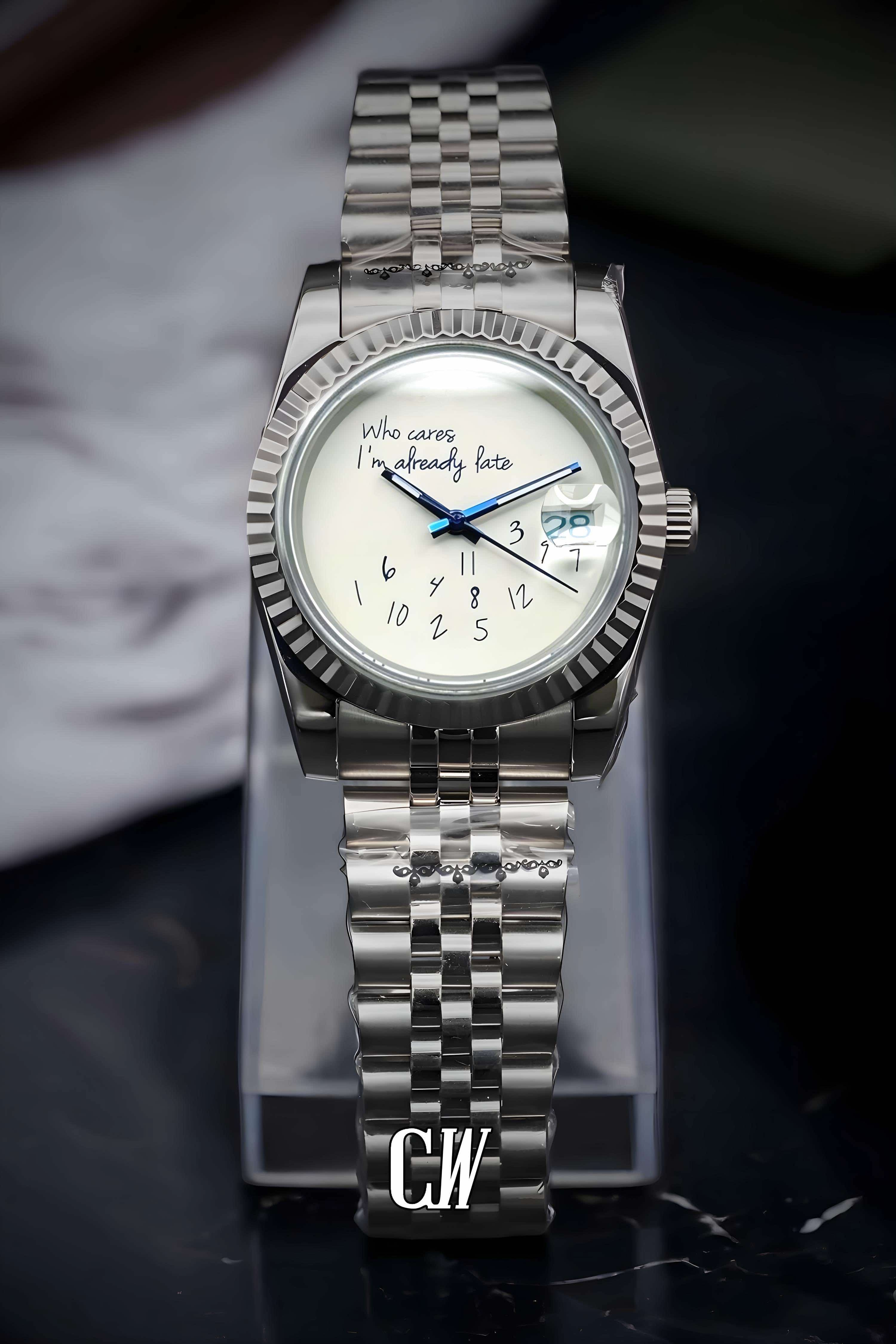 Seiko mod datejust 'who cares I'm already late' white watch