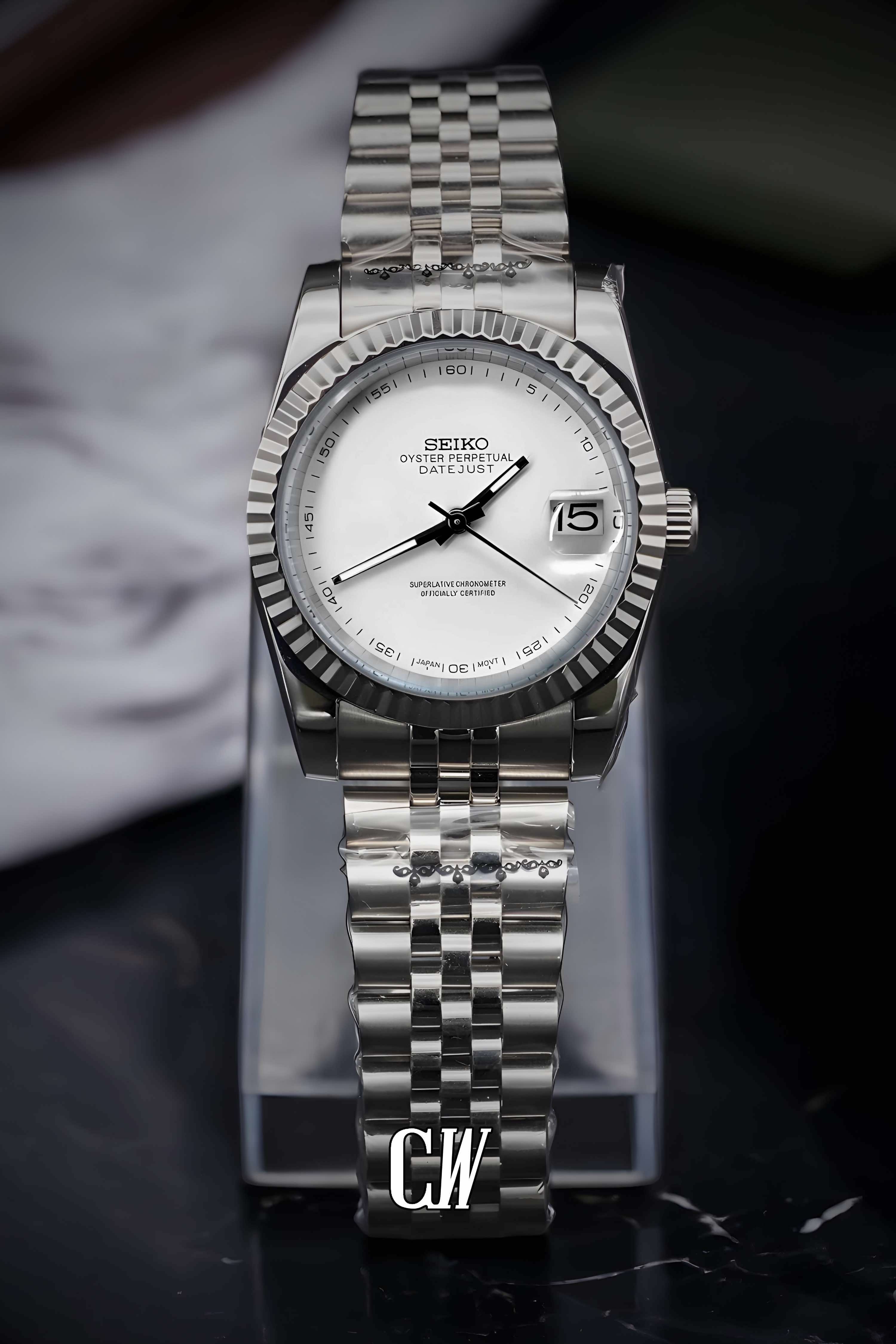 Seiko mod datejust onyx white dial watch